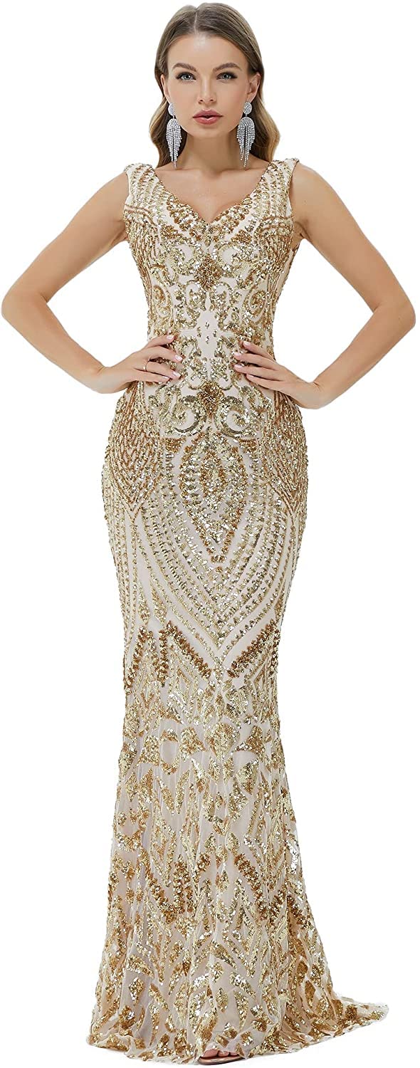 FCOMES Sequins Mermaid Bridesmaid Dress - V Neck Sleeveless Formal Evening Gown for Women - Perfect for Prom, Wedding Party & Special Occasions