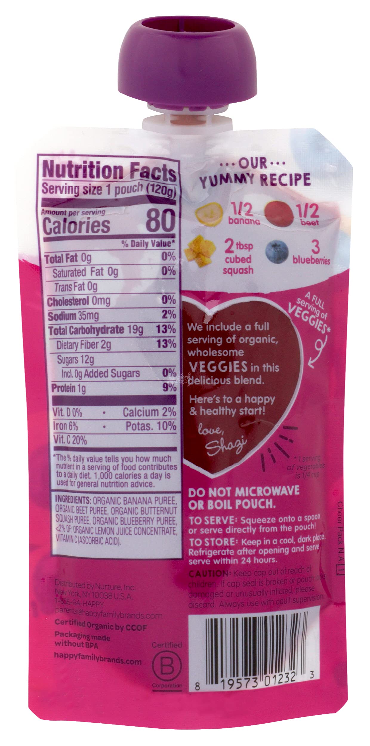 Happy Tot Love My Veggies Stage 4 Organic Baby Food Pouch - Banana Beet Squash & Blueberry Blend (4.22 oz) | USDA Certified Organic Toddler Snacks | Fruit & Vegetable Puree for Kids | Perfect for On-the-Go Meals, Daycare Lunches & Healthy Snacking