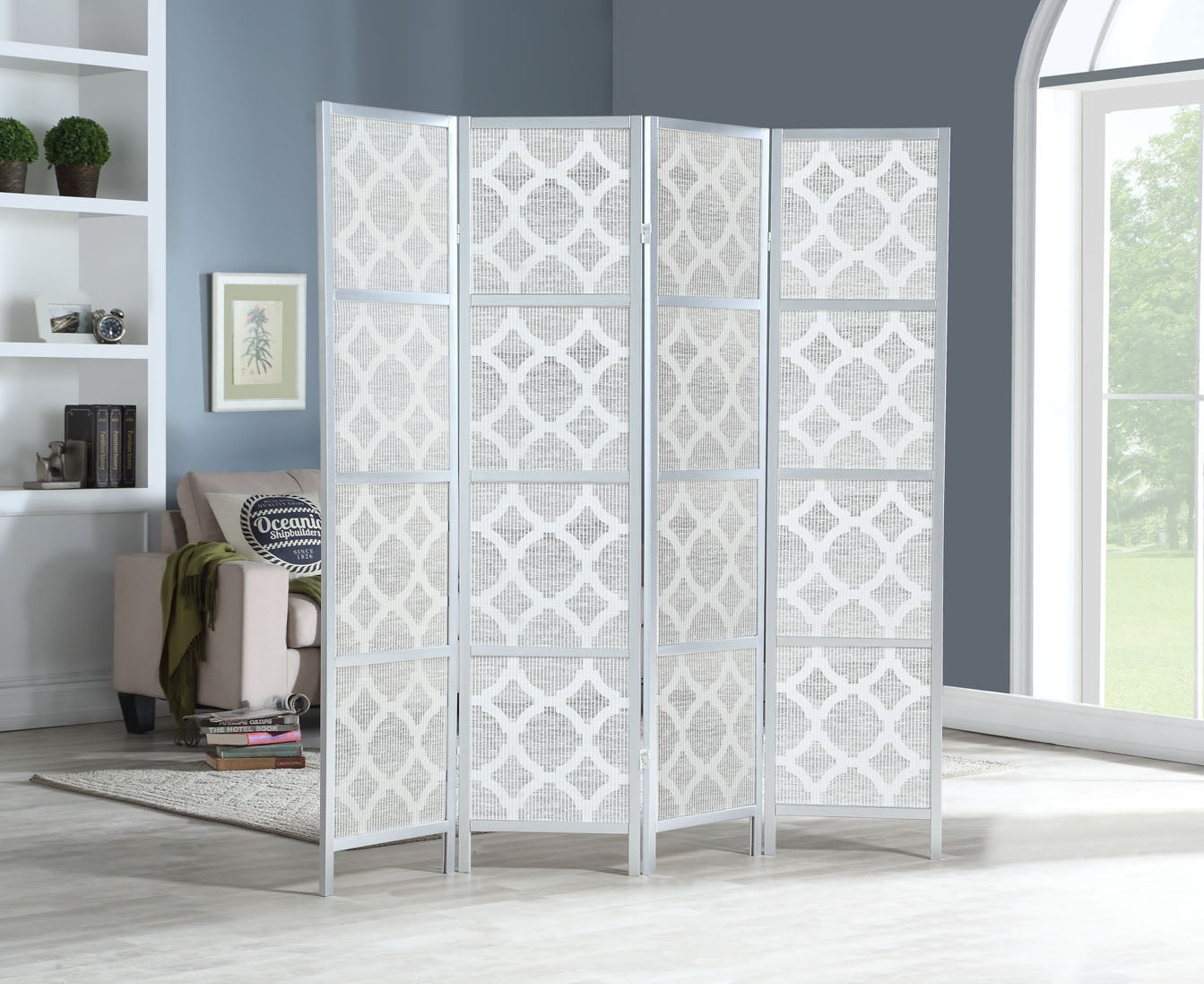 Roundhill Furniture Quarterfoil Diamond Design 4-Panel Room Divider Screen - Silver | Modern Privacy Partition for Home, Office & Studio Decor