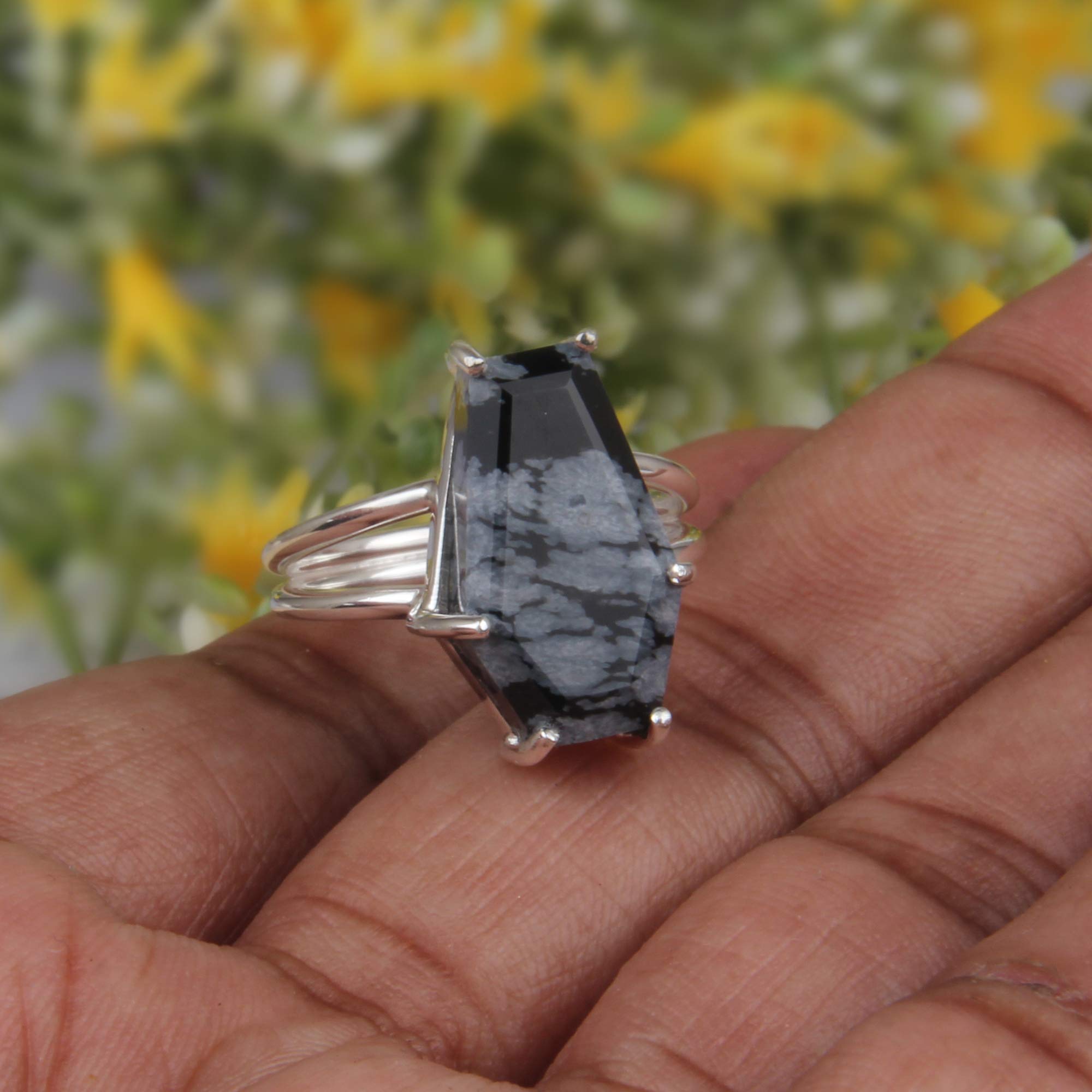 PANOPLY Natural Snowflake Obsidian Gemstone Ring - Sterling Silver Coffin Ring with Prong Setting | Handmade Boho Jewelry for Women | Perfect Gift for Mom, Birthday, Anniversary | Ideal for Everyday Wear, Special Occasions & Spiritual Healing