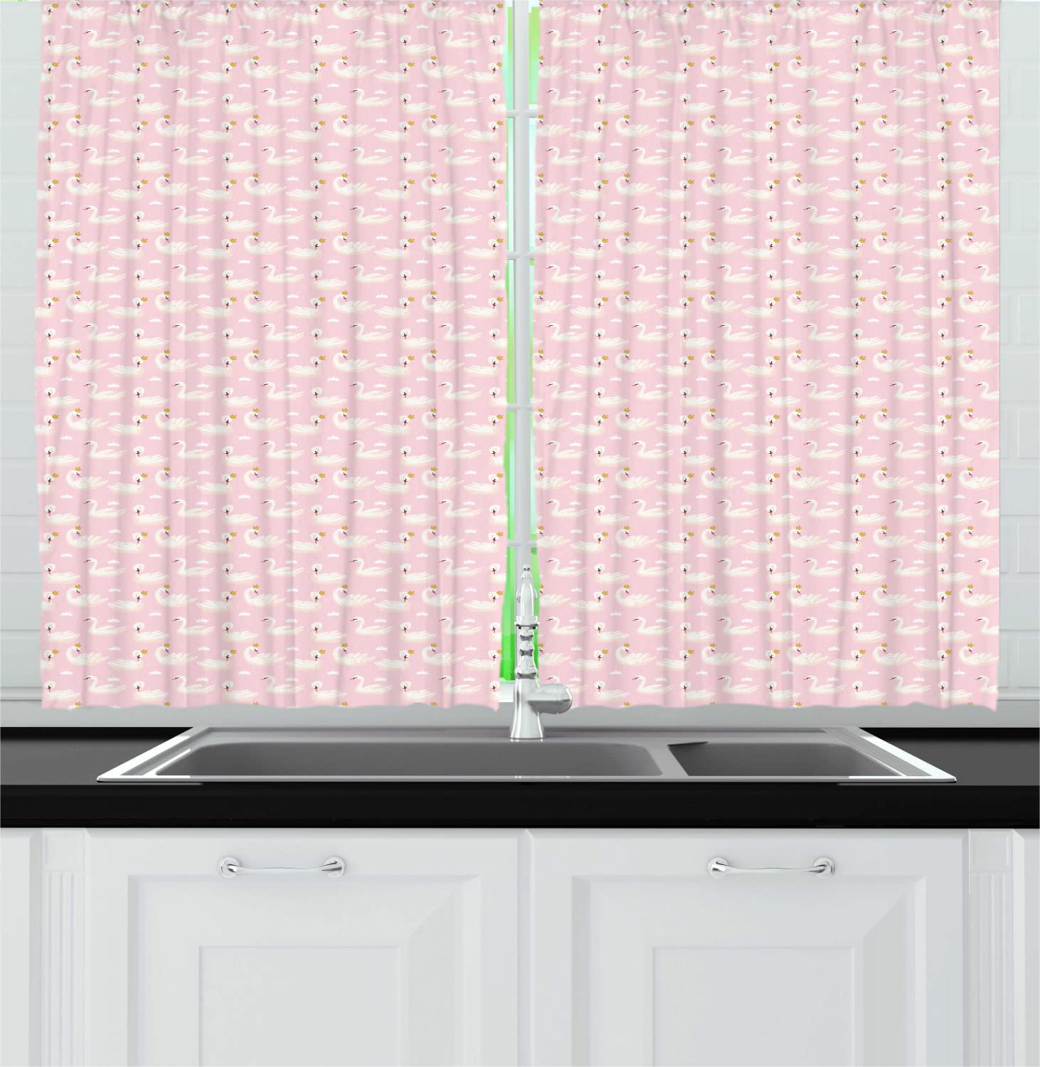 Ambesonne Swans Long Kitchen Curtains - Elegant Crowned Aquatic Bird Design, 2-Panel Rod Pocket Drapes for Windows (55x45 inches) in Rose, Earth Yellow & Pastel Pink | Farmhouse, Cottage & Coastal Home Decor | Perfect for Kitchen, Dining Room & Living Room Windows | Ideal for Farmhouse Kitchens, Beach House Dining Areas & Cozy Cottage Living Spaces