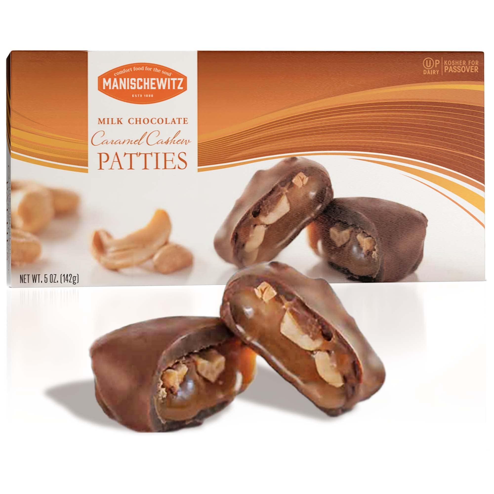 Manischewitz Milk Chocolate Caramel Cashew Patties 5oz - Kosher Certified, Rich & Creamy Chocolate with Crunchy Cashews | Perfect for Passover Gifts, Hanukkah Treats & Holiday Dessert Platters