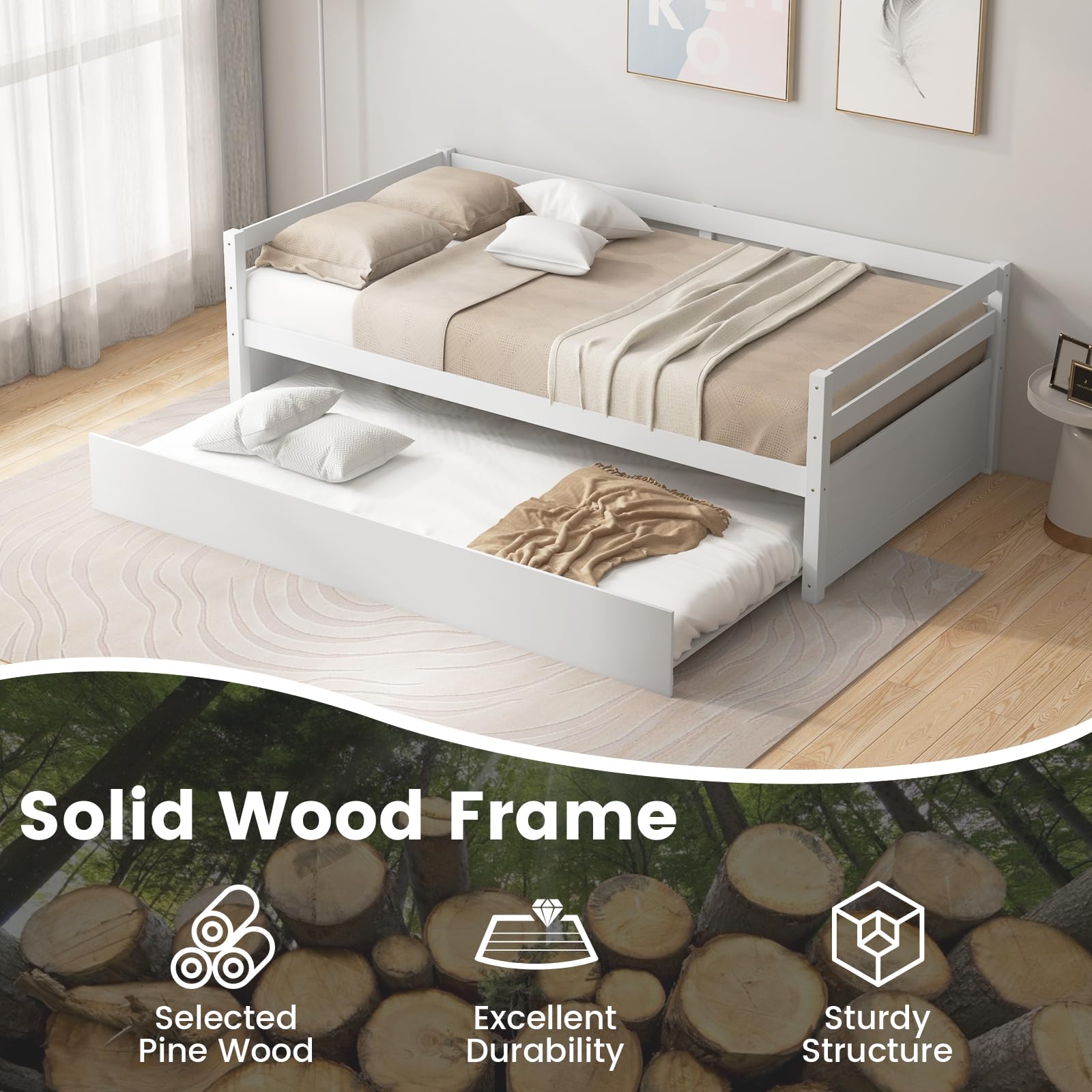 KOMFOTT Twin Size Wooden Daybed Frame with Trundle - No Box Spring Needed, Convertible Sofa Bed for Living Room, Guest Room & Kids Bedroom | Space-Saving Sleep Solution for Small Spaces & Overnight Guests