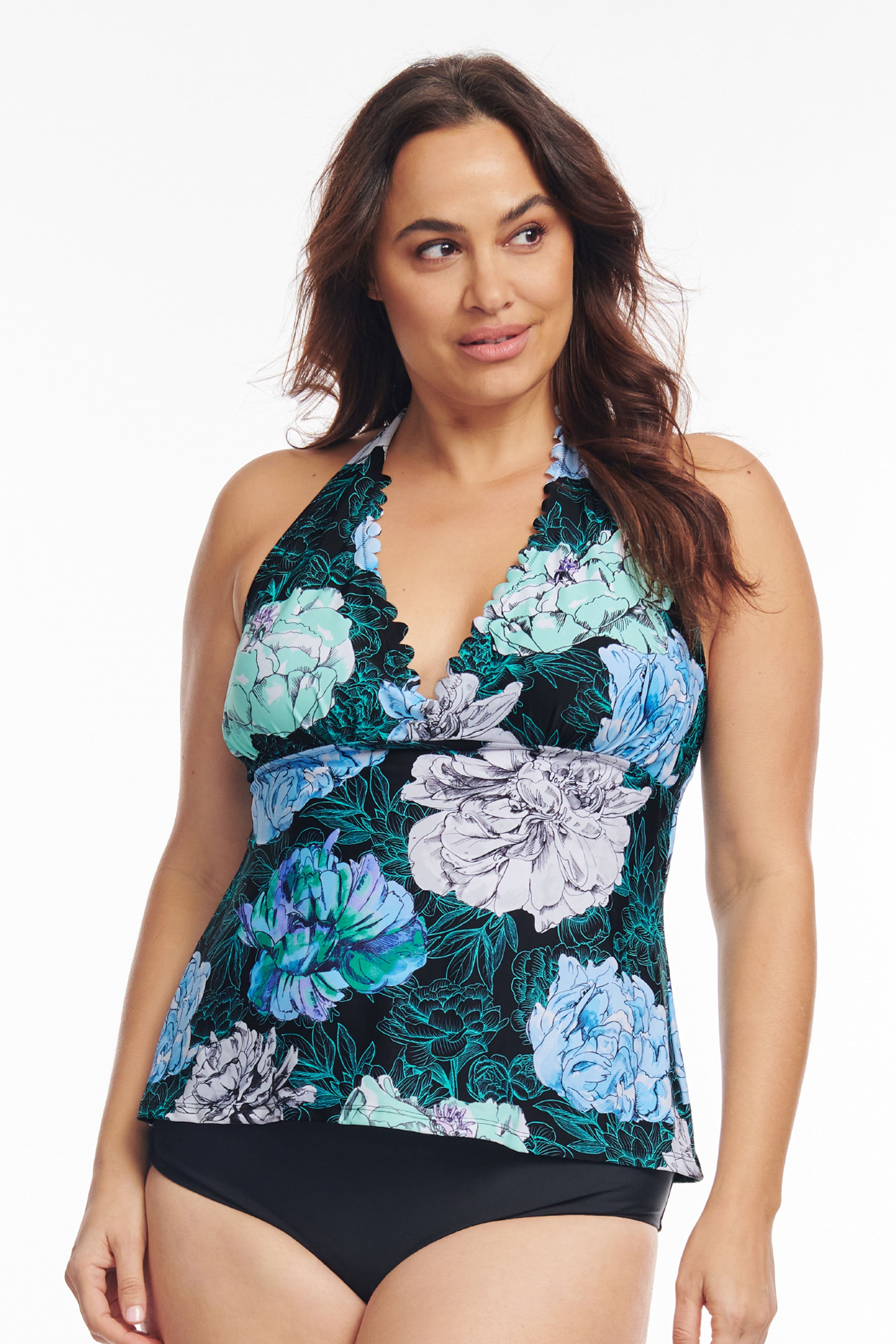 Plus Size Scallop Neckline Halter Tankini Top - Floral Swimwear for Women | Beach Vacation & Pool Party Outfit