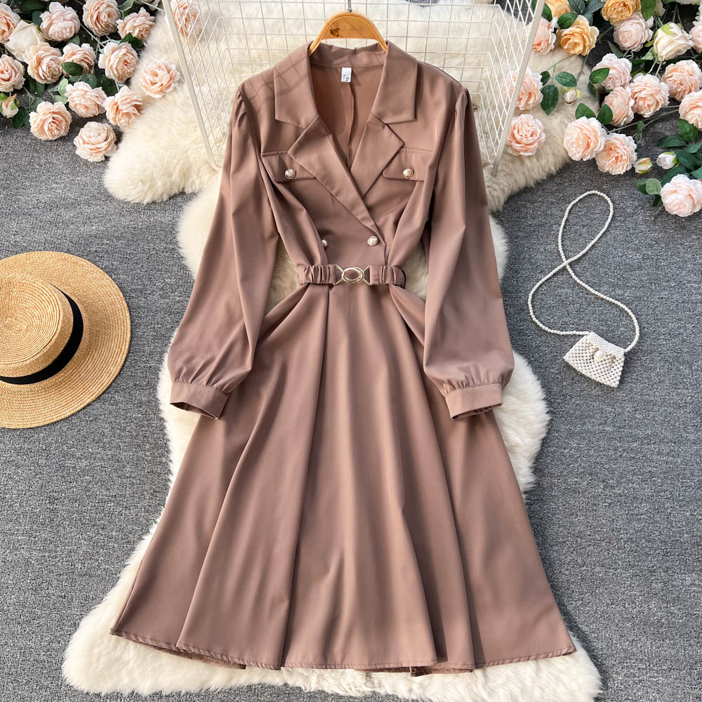 Elegant French Long Sleeve Midi Dress with Suit Collar - Women's Office Wear & Formal Occasion Outfit