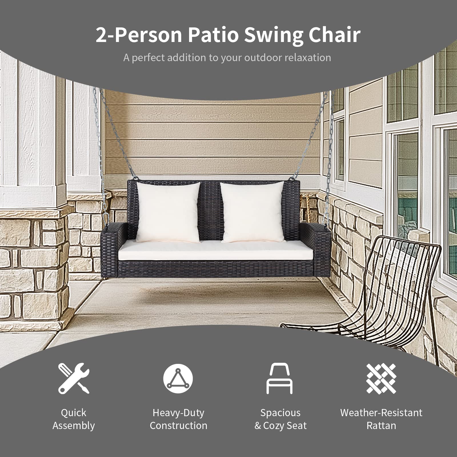RELAX4LIFE 2-Person Outdoor Porch Swing - Rattan Wicker Hanging Chair with 7.9ft Steel Chains & Cushions - Beige Patio Swing for Front Porch, Garden, Backyard, Deck - Perfect for Relaxing, Reading & Enjoying Nature