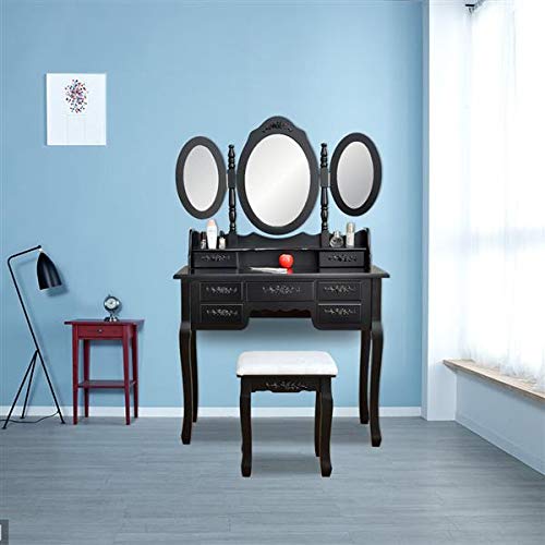 Vanity Set with Tri-Folding Mirror & 7 Drawers - Makeup Dressing Table with Cushioned Stool - Easy Assembly for Women & Girls - Perfect for Bedroom, Bathroom & Dressing Room Organization