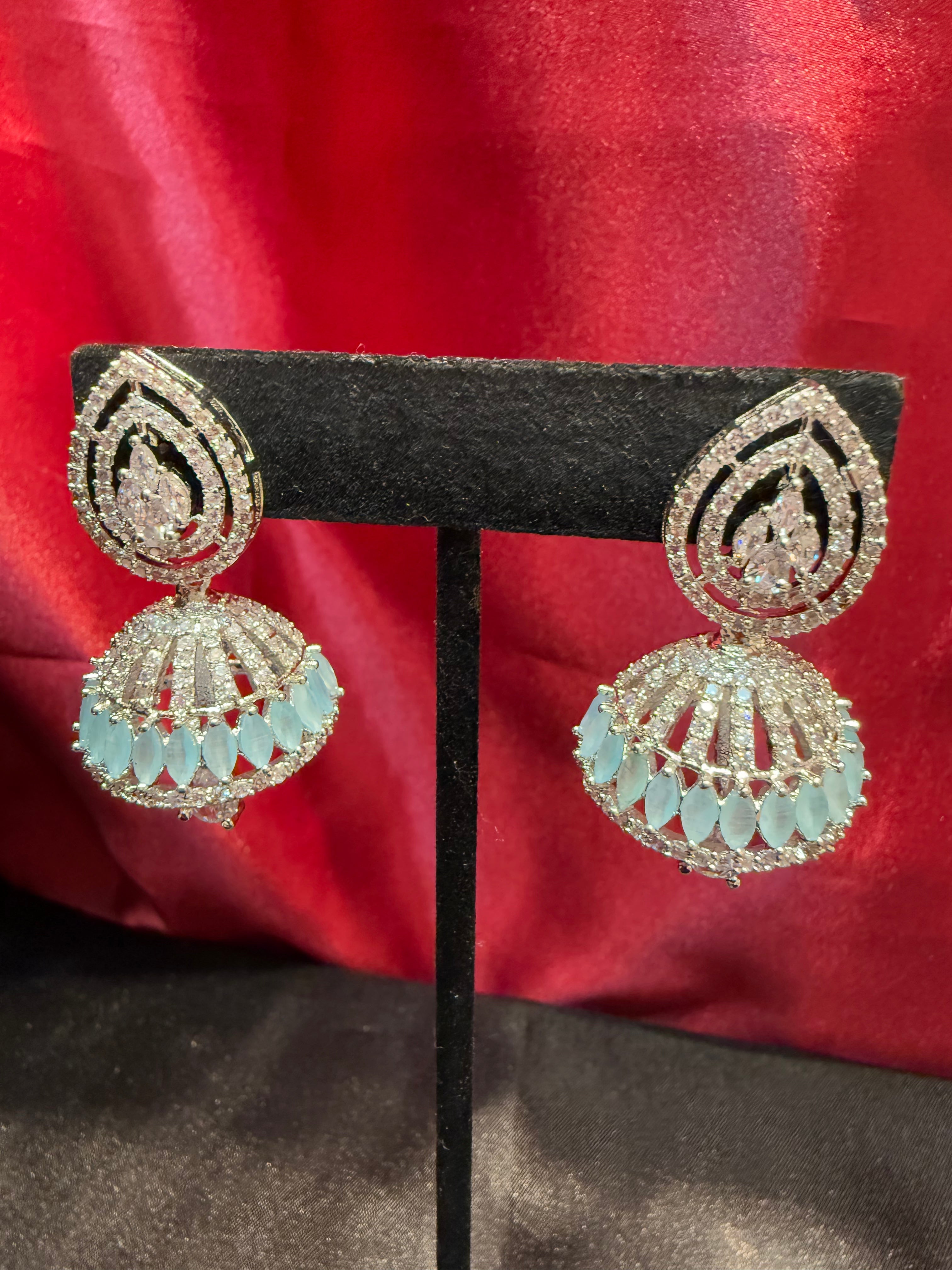 Elegant American Diamond Jhumka Earrings with Light Blue & White Stone Beads | Perfect for Weddings, Parties & Festive Occasions