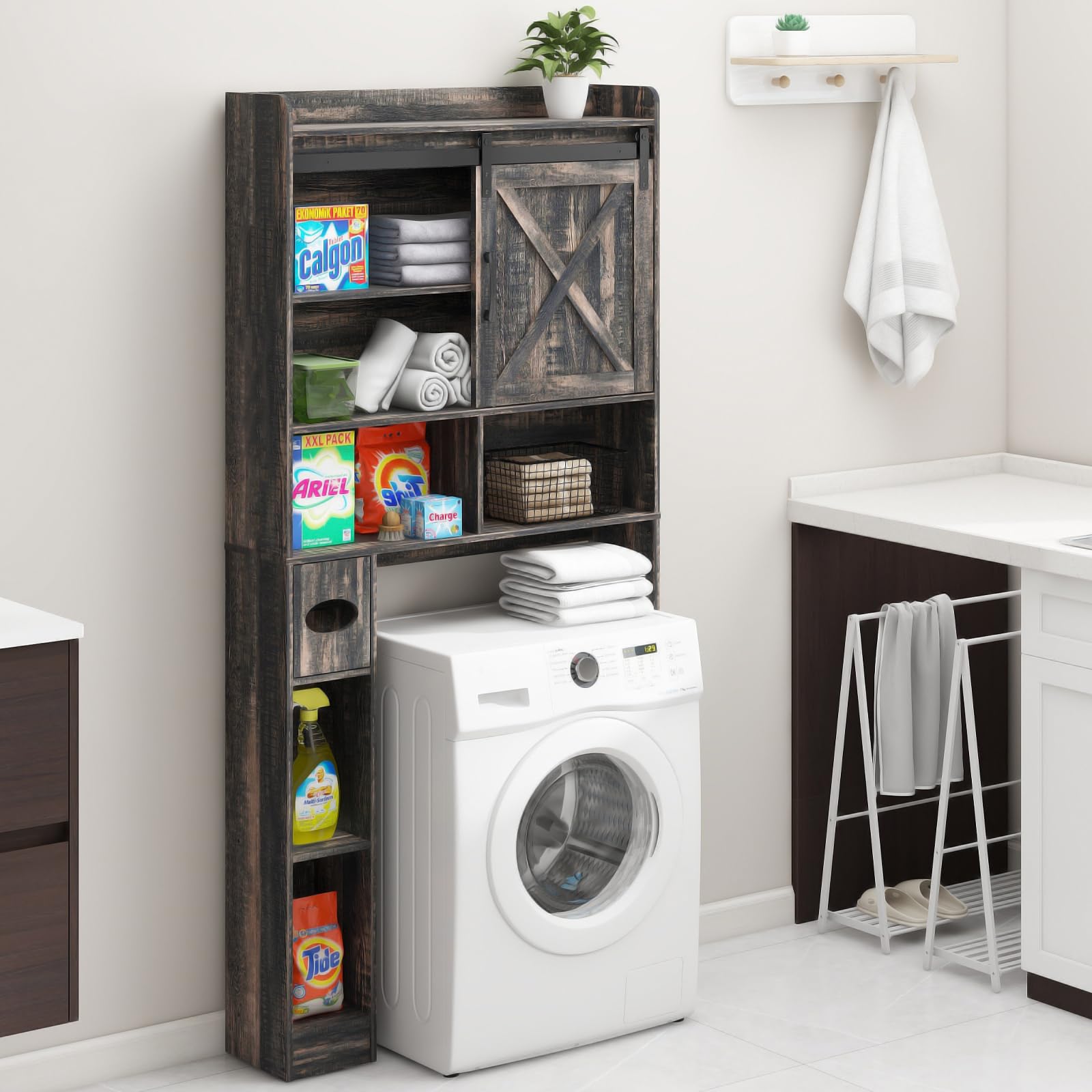 Farmhouse Over The Toilet Storage Cabinet with 2 Barn Doors & Toilet Paper Holder - Space Saving Bathroom Organizer for Towels, Toiletries & Essentials - Perfect for Small Bathrooms, Restrooms & Powder Rooms