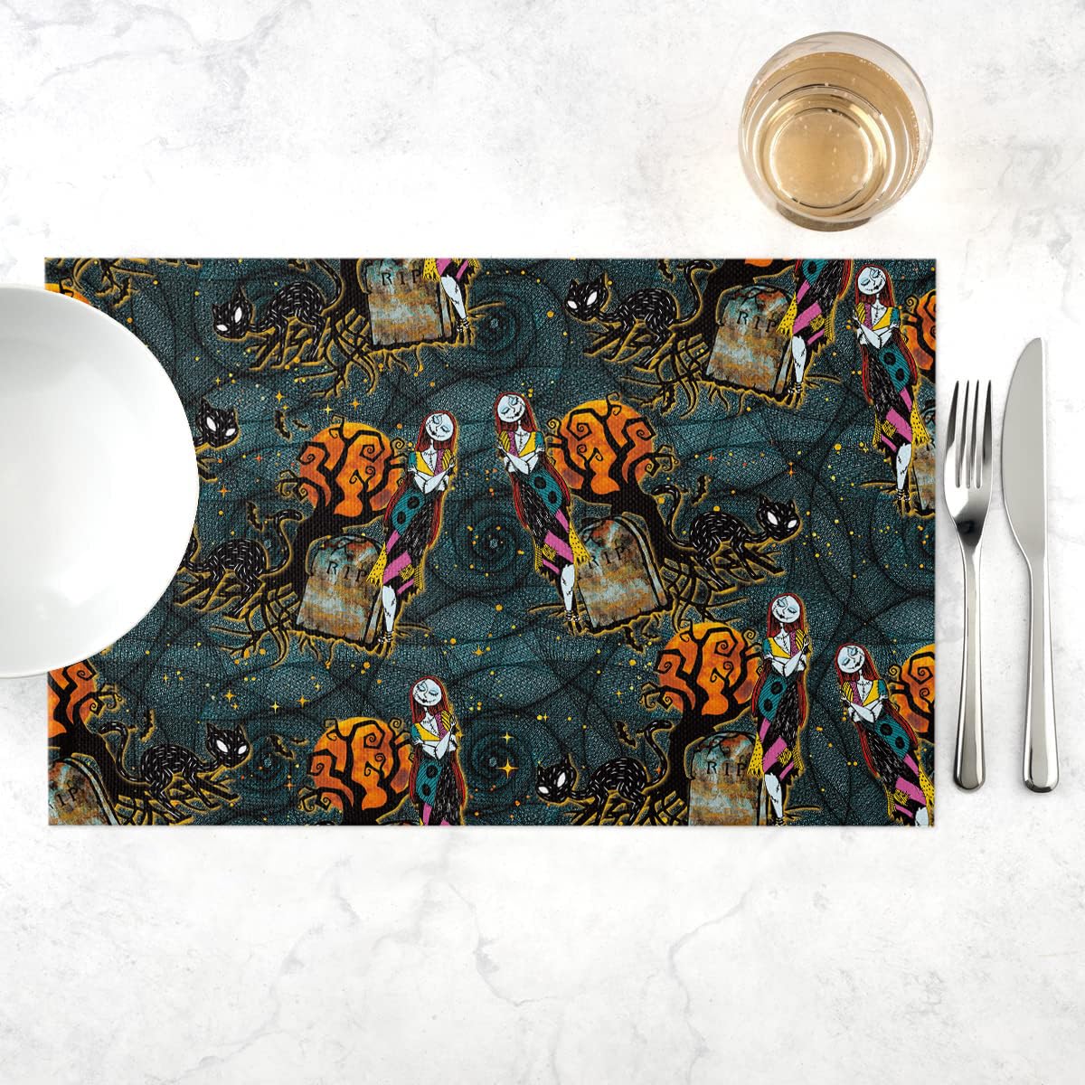 4Pcs Halloween Placemats Set - Cute Sally & Cat Themed Washable Table Mats for Kitchen Dining - Nightmare Before Christmas Decorations - Heat Resistant Holiday Tableware for Halloween & Christmas Parties