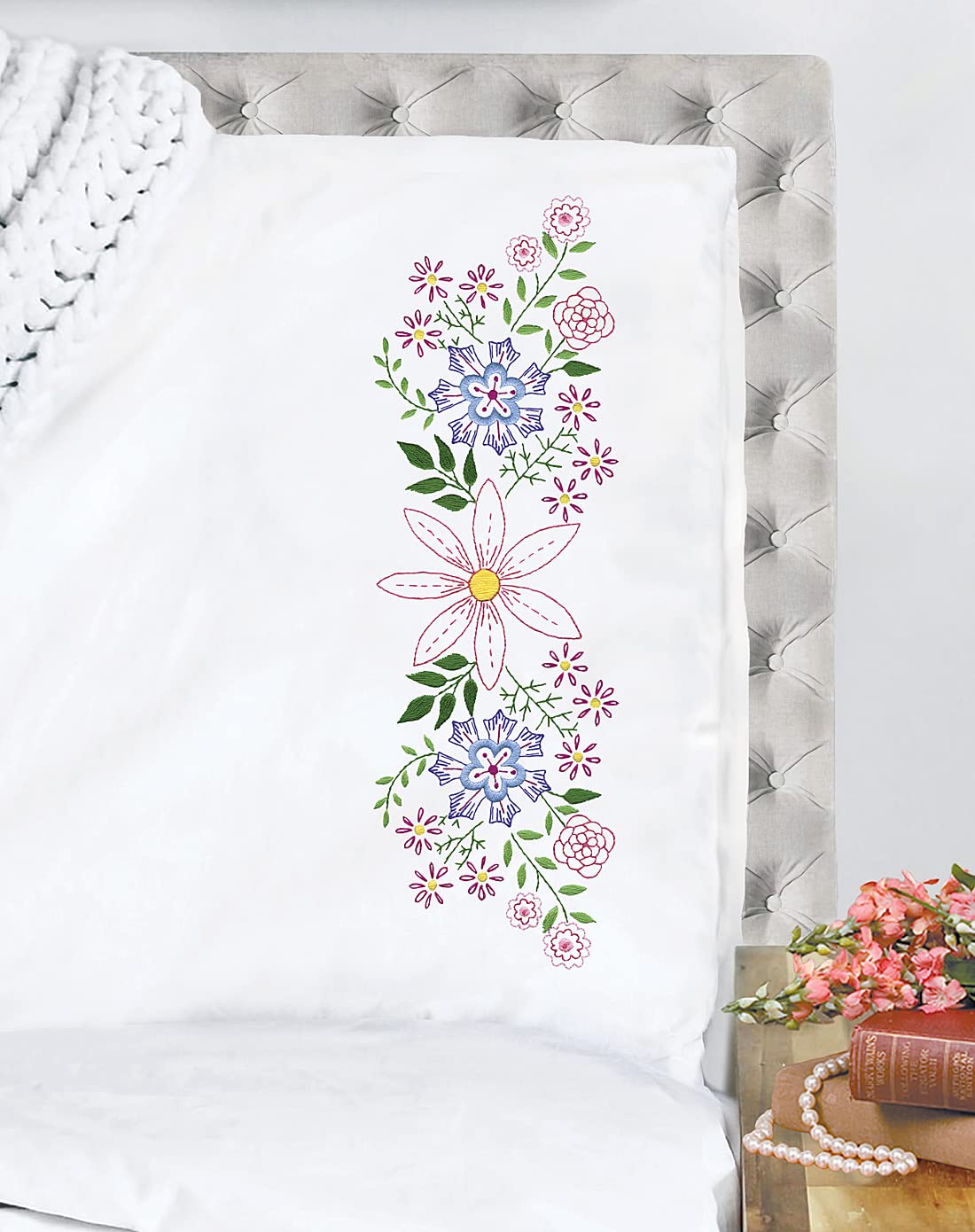 Tobin Star Flowers Embroidery Stamped Pillowcases - Premium Cotton for DIY Sewing & Home Decor