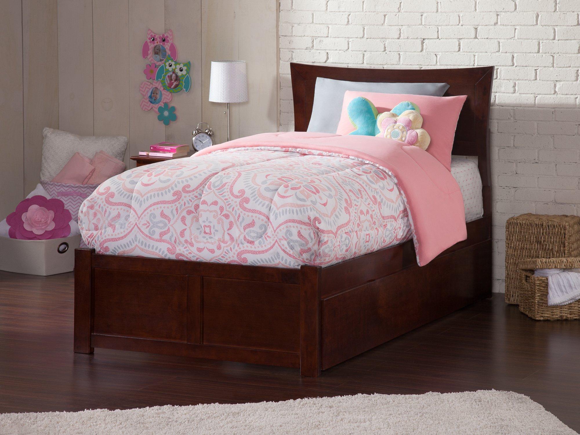 AFI Metro Twin Platform Bed with Footboard, Twin Trundle & USB Charger - Walnut Wood Modern Kids Bedroom Furniture for Small Spaces & Sleepovers
