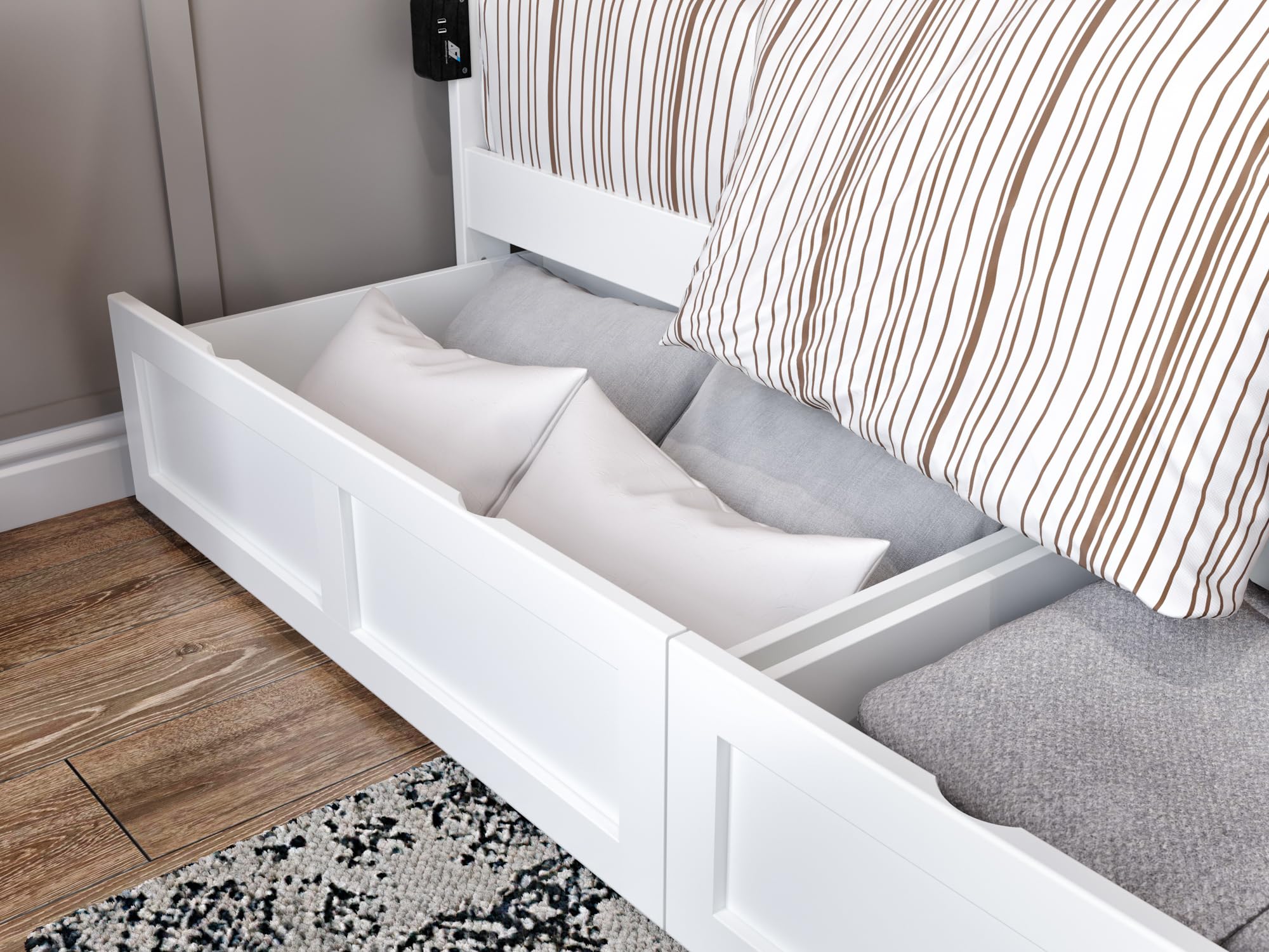 AFI Warren Full Size Platform Bed Frame with Storage Drawers (Set of 2) & Built-in USB Charging Ports - White Modern Bedroom Furniture for Small Spaces & Studio Apartments