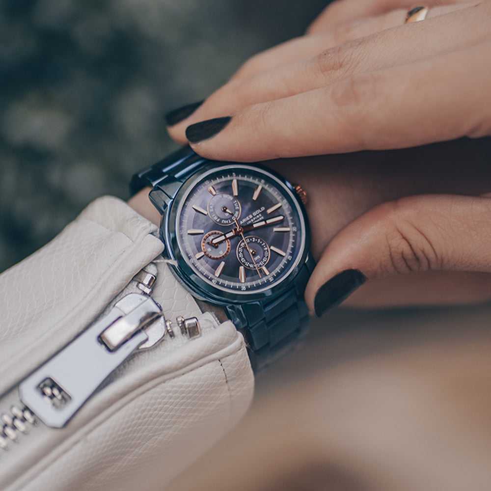 Aries Gold Atlantic Stainless Steel Multifunction Watch B 7302 BU BURG - Stylish Waterproof Chronograph for Men, Perfect for Business, Casual Wear & Outdoor Activities