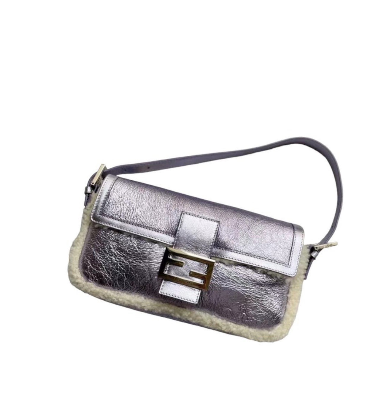 Fendi Purple Metallic Shearling Baguette Bag - Luxury Designer Crossbody Purse for Women, Perfect for Parties, Dates & Evening Events