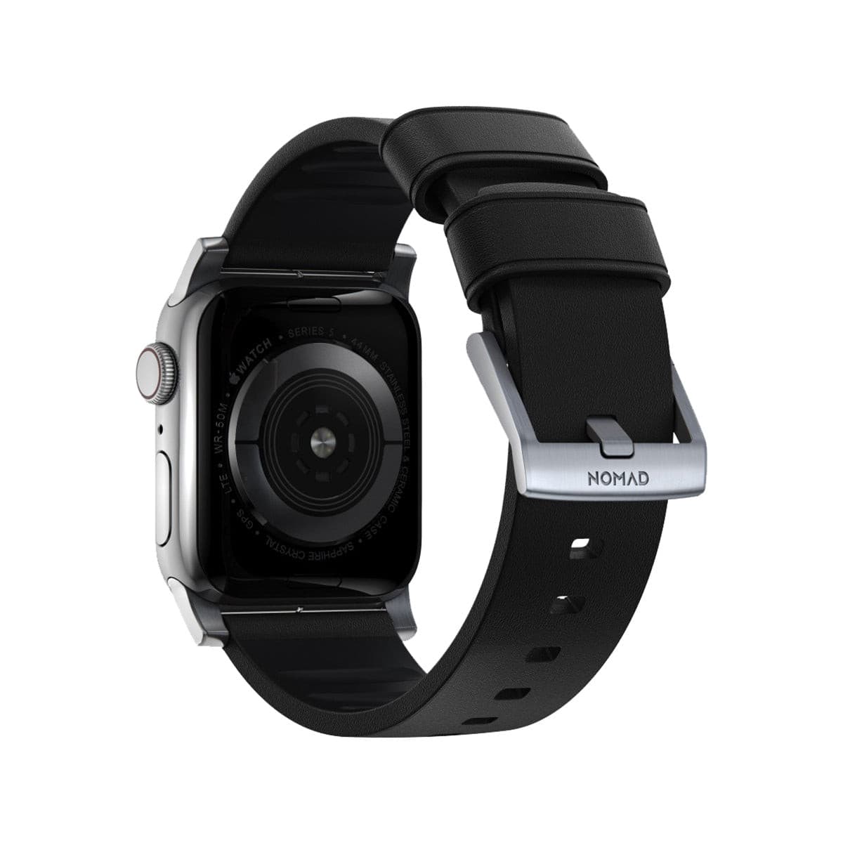 Nomad Active Band Pro 40mm / 41mm Silver Stainless Steel Case with Black Leather Strap - Compatible with Apple Watch for Workouts, Business & Everyday Wear