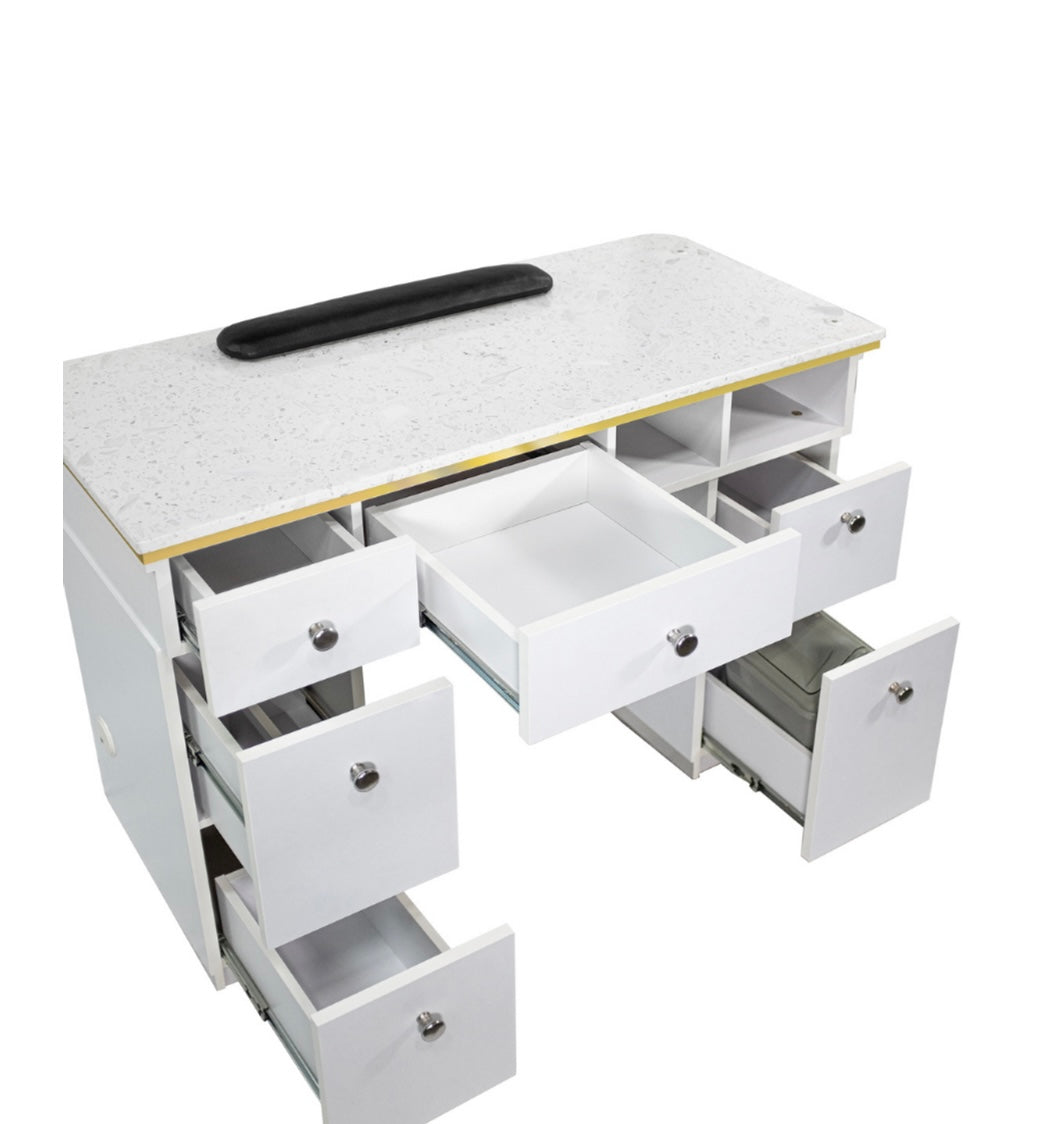 Professional Napa Manicure Table in White & Gold - Portable Nail Salon Table for Home & Spa Use - Perfect for Manicures, Pedicures, and Nail Art