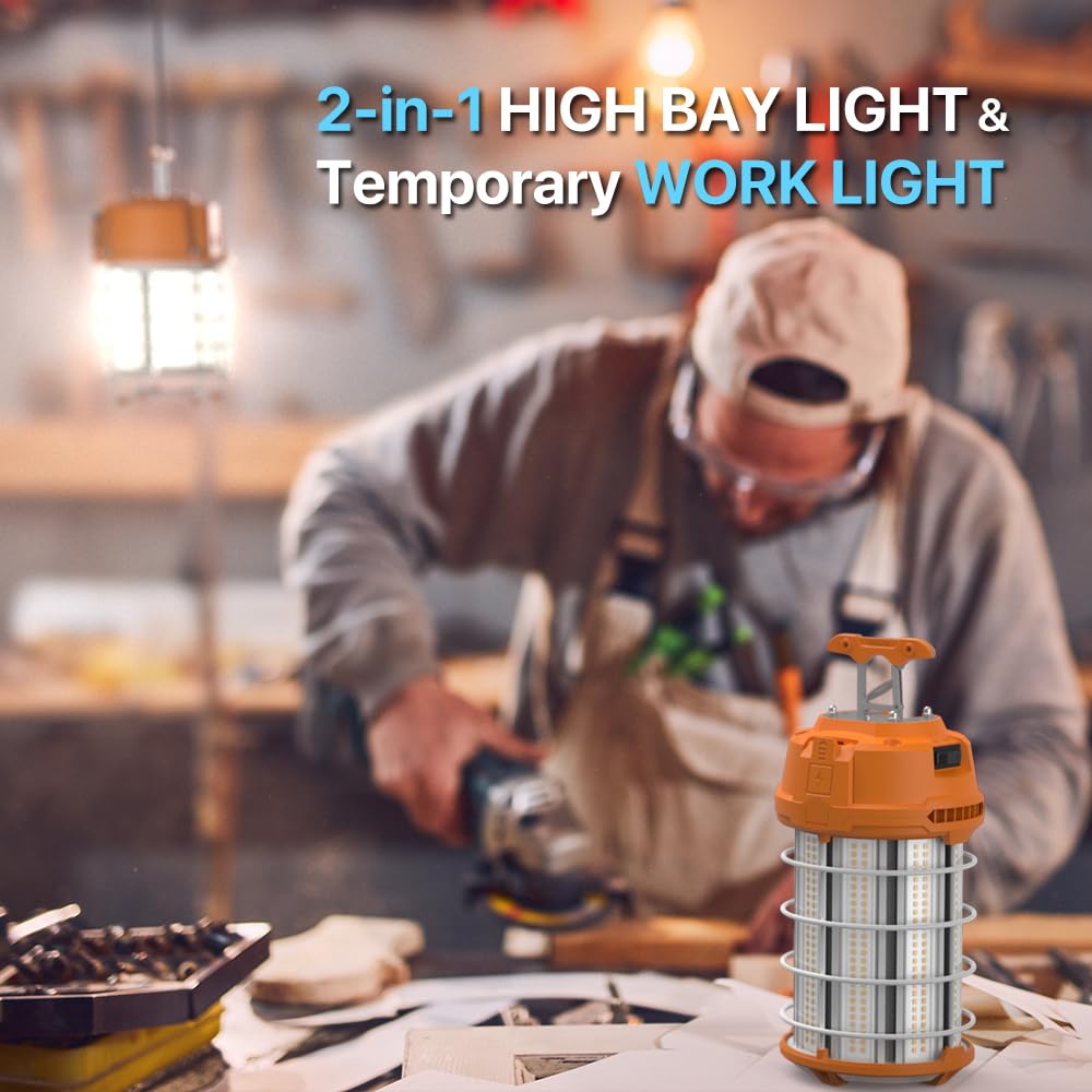 HYPERLITE LED Temporary Work Light 60W 7500LM (Equivalent to 200W HID/HPS) 5000K Daylight, Portable Hanging Construction Light with Stainless Steel Safety Guard & Heavy-Duty Hook - Perfect for Job Sites, Workshops, Garages, Basements, and Emergency Lighting (Includes ON/OFF Switch)