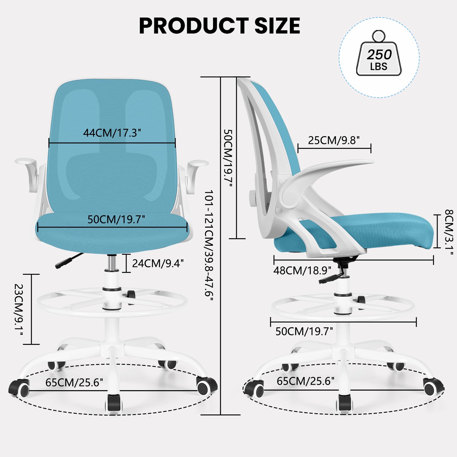 Razzor Ergonomic Drafting Chair - Adjustable Height Office Stool with Lumbar Support, Flip-Up Armrests & Footrest Ring - Blue - Perfect for Architects, Designers & Standing Desk Workstations