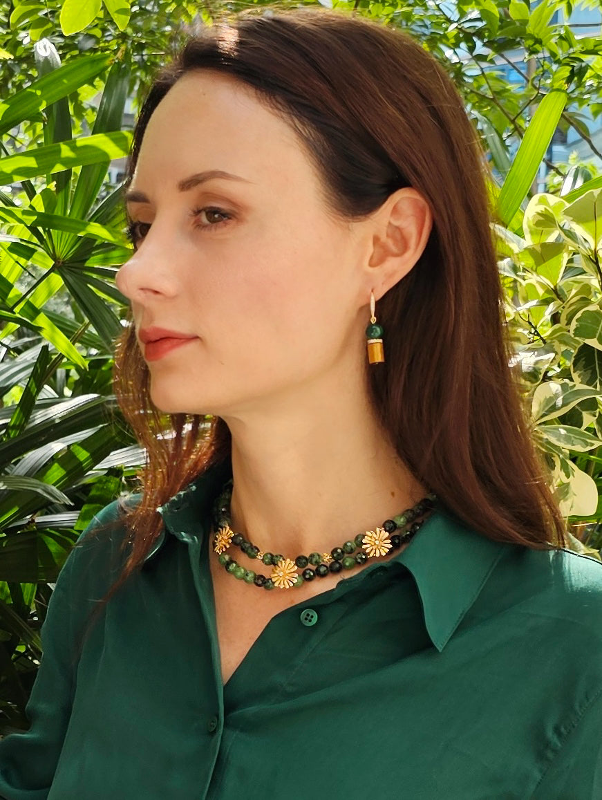 Golden Coral and Malachite Dangle Earrings NE033 - Elegant Handmade Jewelry for Women, Perfect for Parties, Weddings & Special Occasions