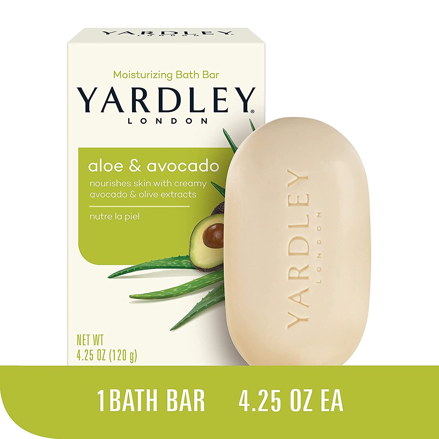 Yardley London Aloe & Avocado Moisturizing Soap Bar - 4.25 oz (Pack of 4) | Natural Skin Care for Dry & Sensitive Skin | Perfect for Shower, Bath & Travel