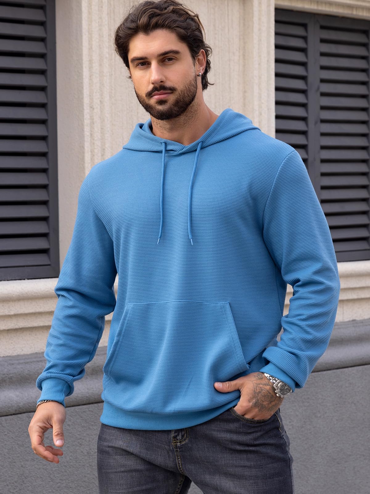 MANSDOUR Men's Casual Long Sleeve Waffle Knit Hoodie with Drawstring & Pocket - Warm Pullover Sweatshirt for Outdoor Activities, Gym & Streetwear Fashion