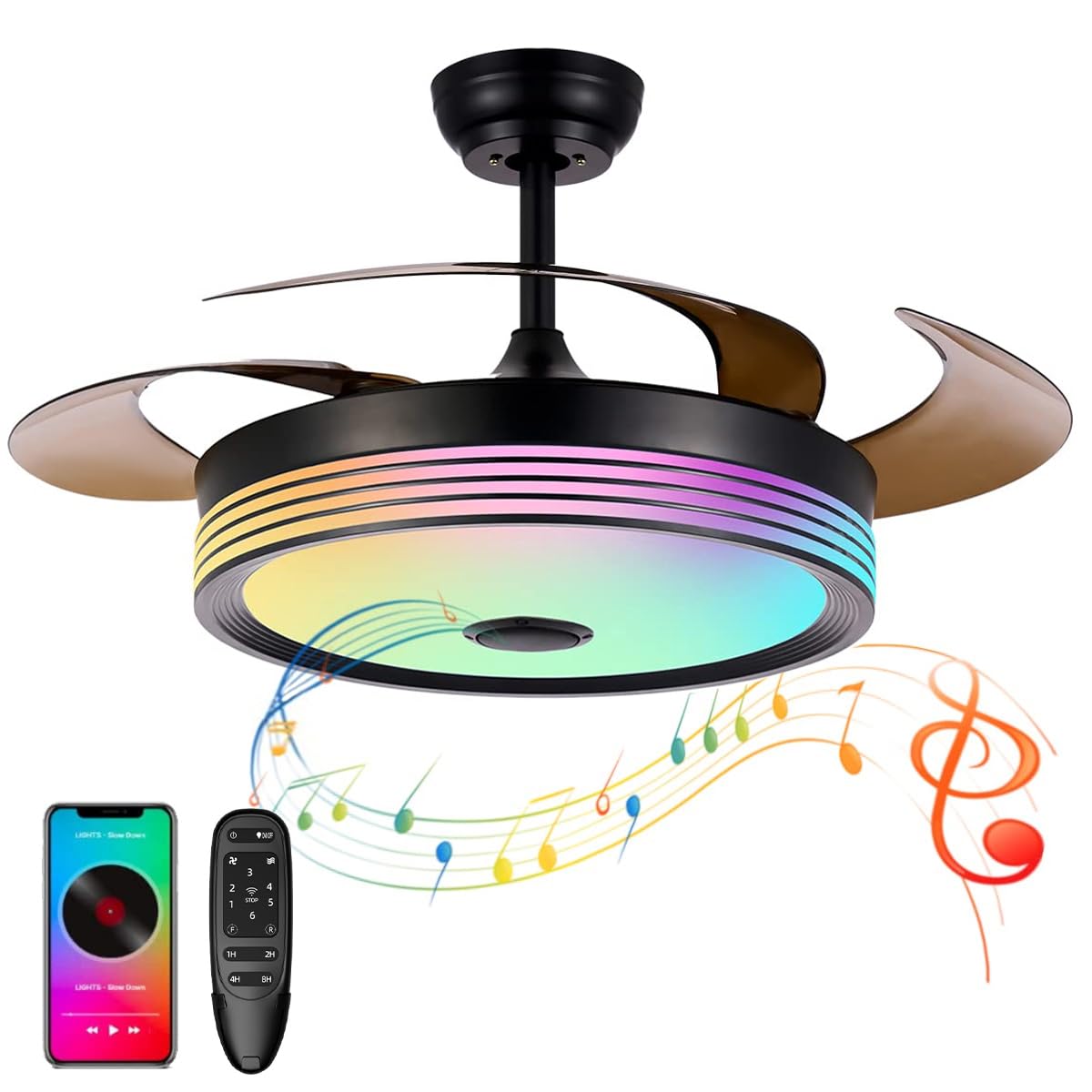 42 Inch Modern Retractable Ceiling Fan with Lights - 6 Speed Dimmable Smart Fandelier, Bluetooth Speaker & RGB Lighting, Remote Control (Black) - Perfect for Living Room, Bedroom & Outdoor Patio - Buy 1 Get 1 Free Spare Part