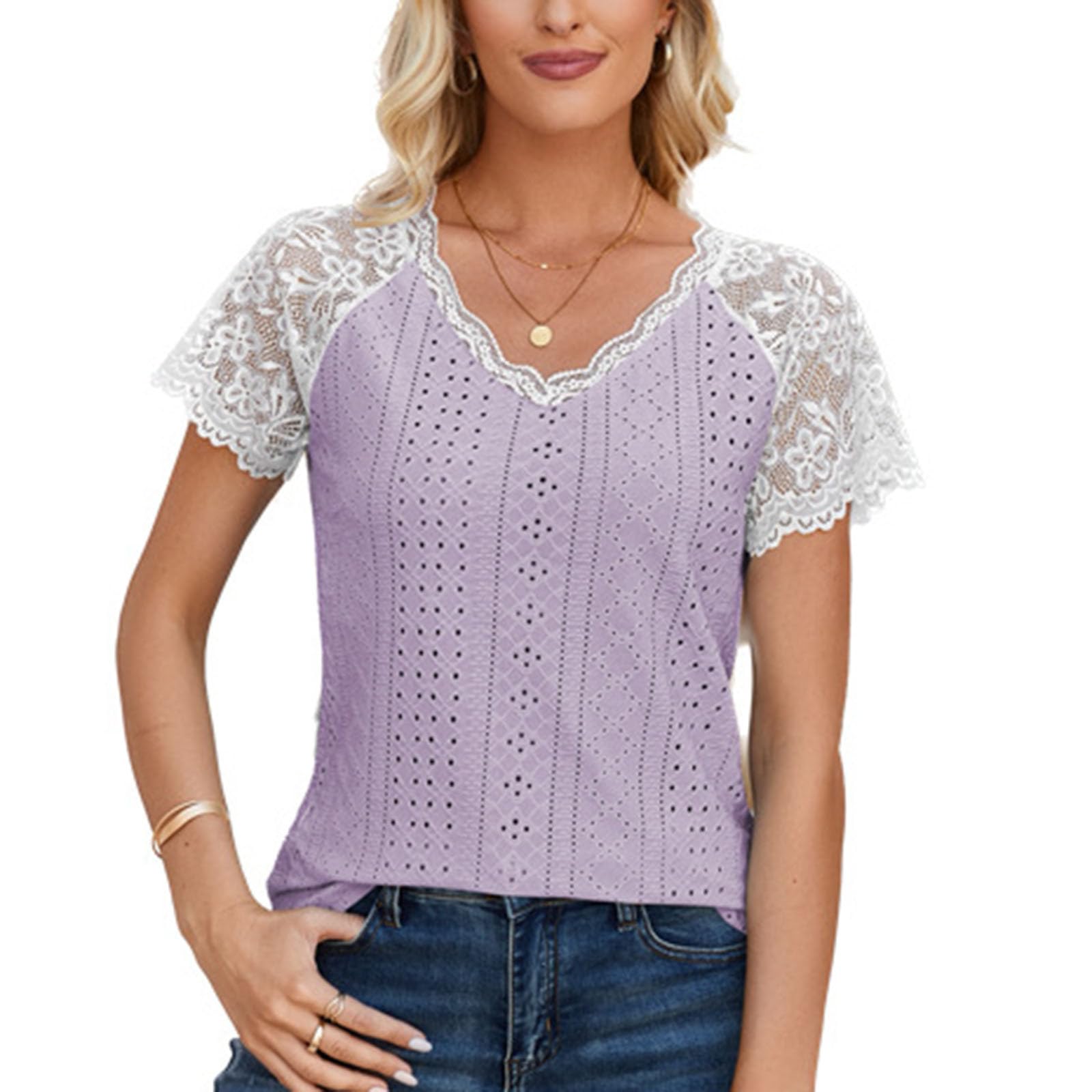 Women's Cute Lace Raglan Sleeve T-Shirt - Elegant V-Neck Embroidered Eyelet Summer Top for Casual & Dressy Wear | Perfect for Office, Date Night & Weekend Outings