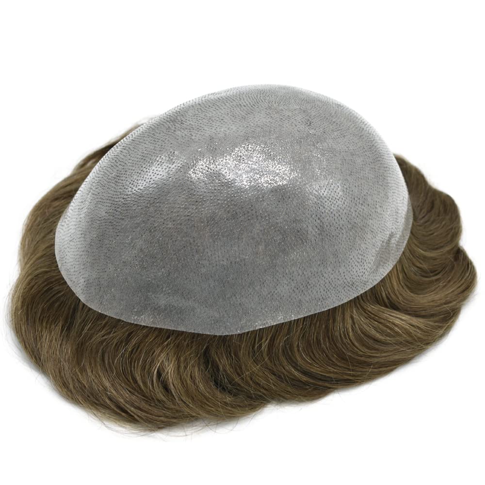 100% European Human Hair Toupee for Men - 0.12mm Thin Skin V-Looped Hair Replacement System with Durable Poly Base (8