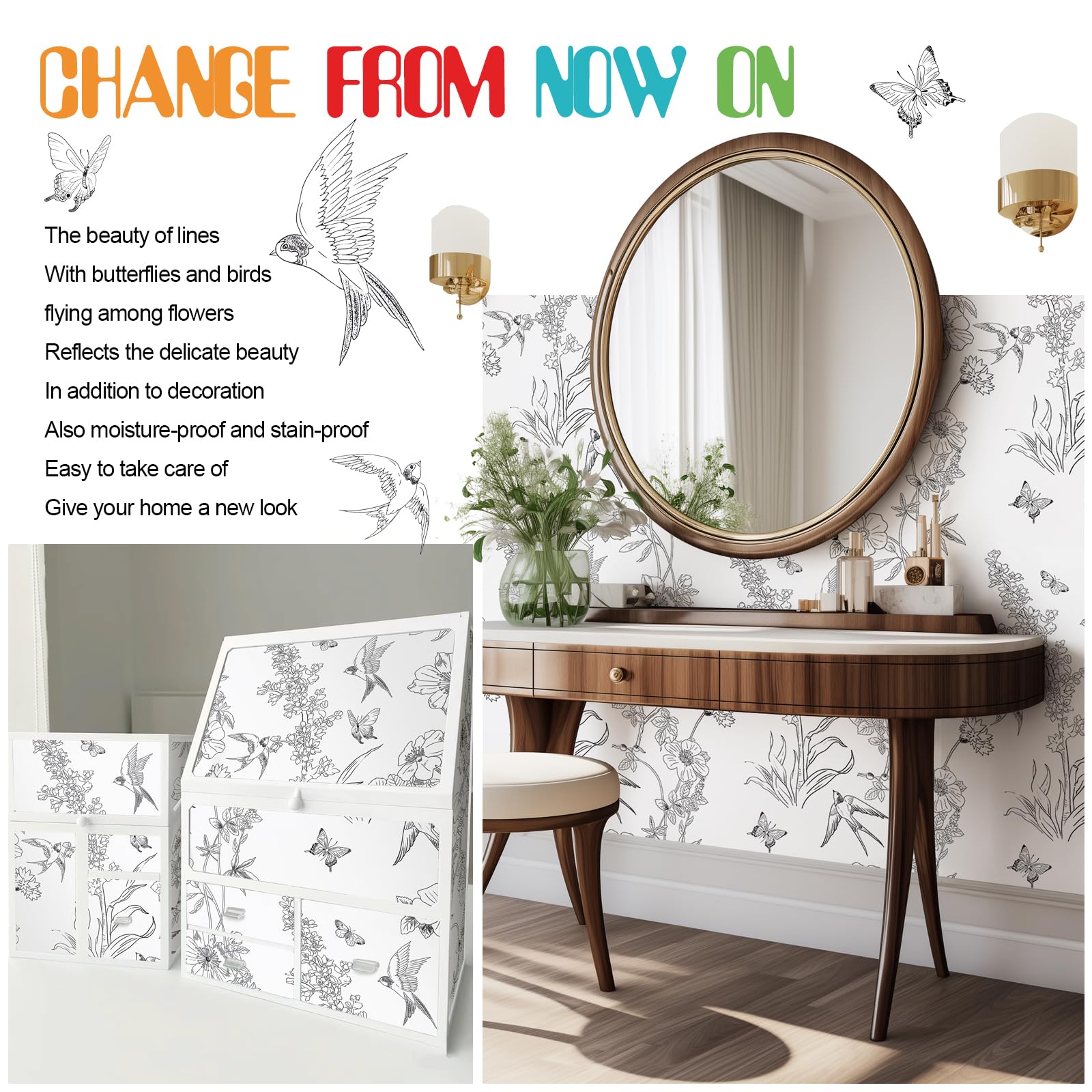 Modern Black and White Floral Peel and Stick Wallpaper - Removable Self-Adhesive Vinyl Contact Paper 17.3” x 120” - Birds Sketch Design for Bedroom, Living Room, Cabinets & Shelf Liner - Easy Home Decor Upgrade for Walls & Furniture