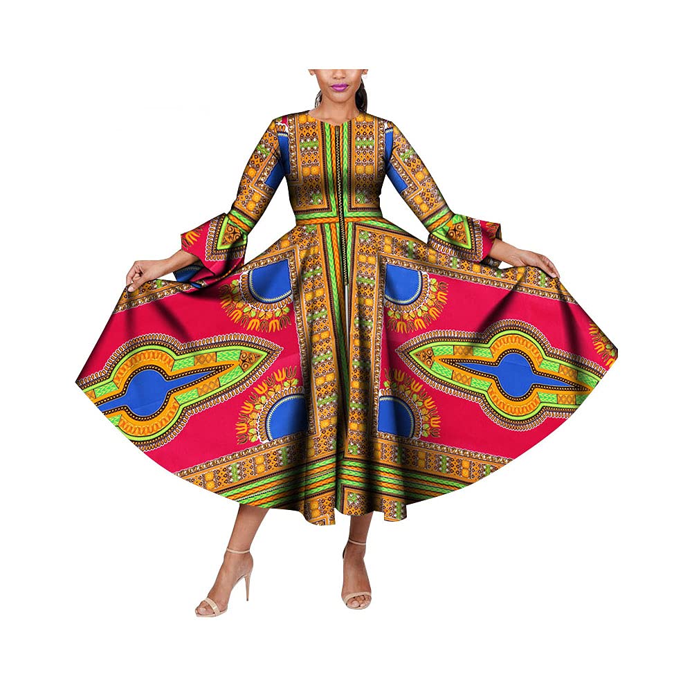 BAZINRICHE African Wax Print Ankara Long Sleeve Dress for Women - Plus Size Traditional African Clothing for Parties, Weddings & Cultural Events