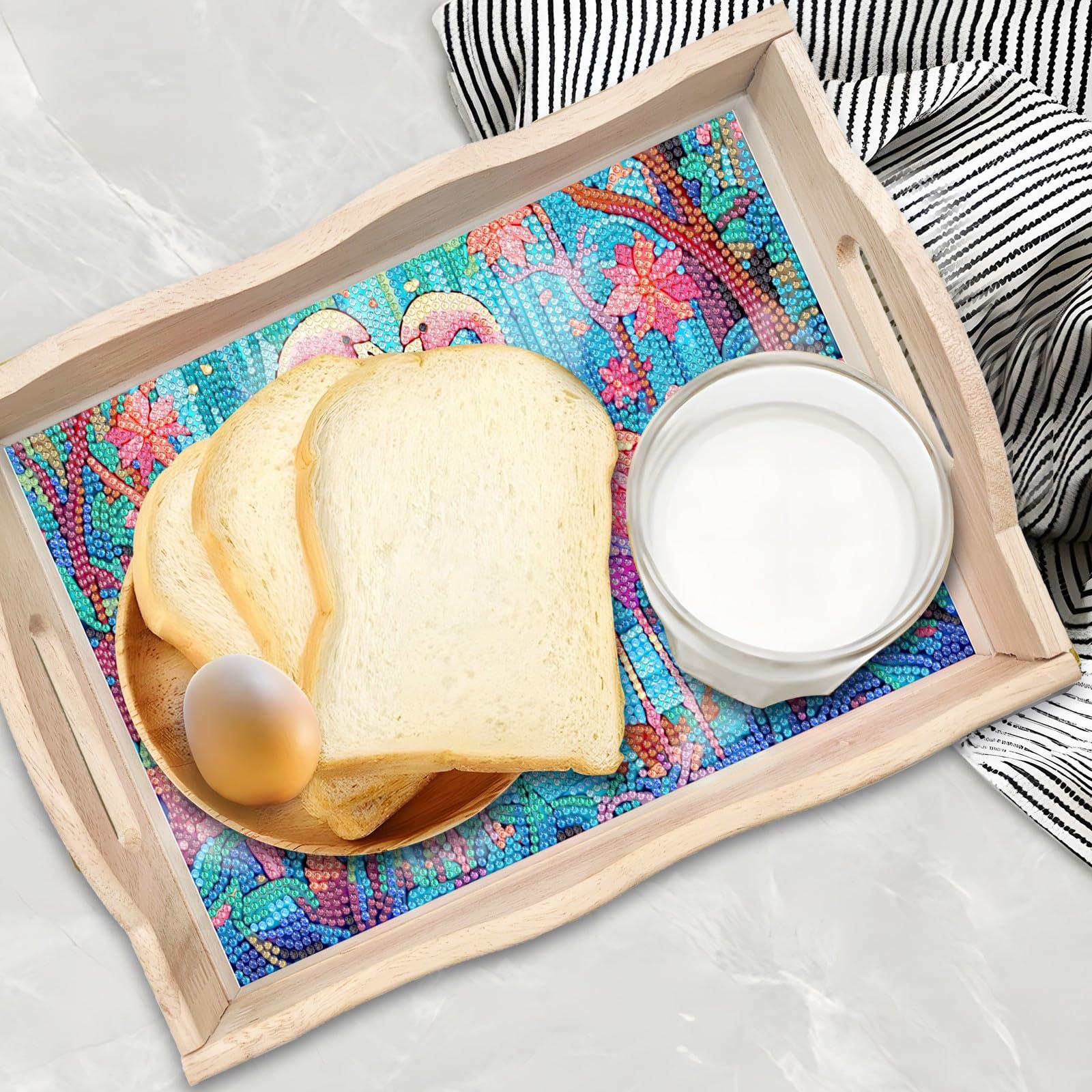 Handmade Diamond Art Wooden Tray - DIY Dot Drilled Rectangle Serving Tray for Restaurant, Snacks, Tea & Coffee | Flamingo Design | Perfect for Home Decor, Gift Giving & Craft Projects