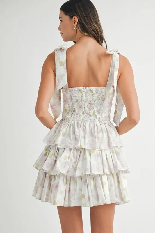 Floral Print Shoulder Tie Layered Mini Dress - Summer Beach Party, Date Night, Vacation Outfit for Women