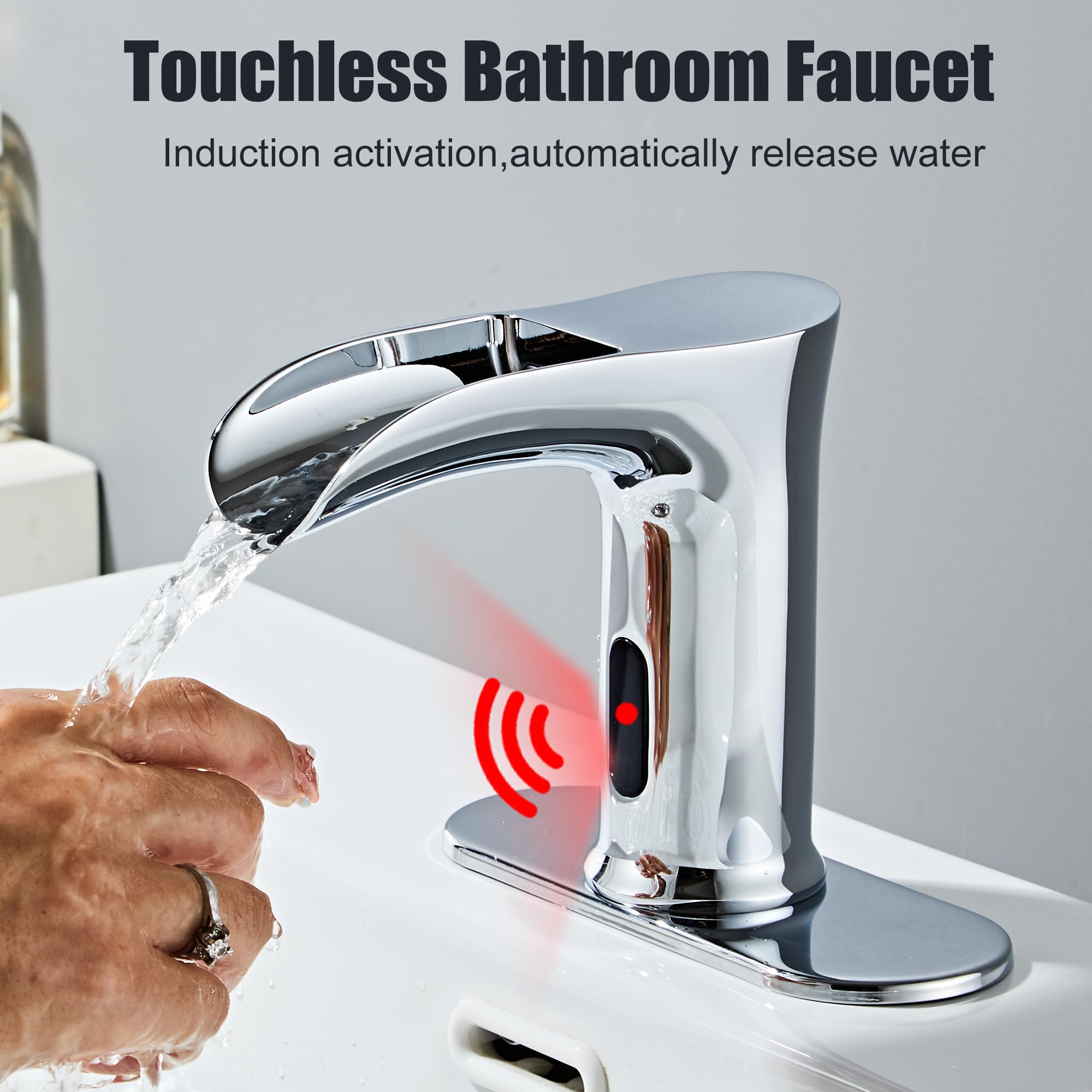 Automatic Sensor Faucet - Touchless Waterfall Bathroom Sink Faucet with Deck Plate (Chrome) | Hands-Free for Hygiene, Perfect for Home & Public Restrooms
