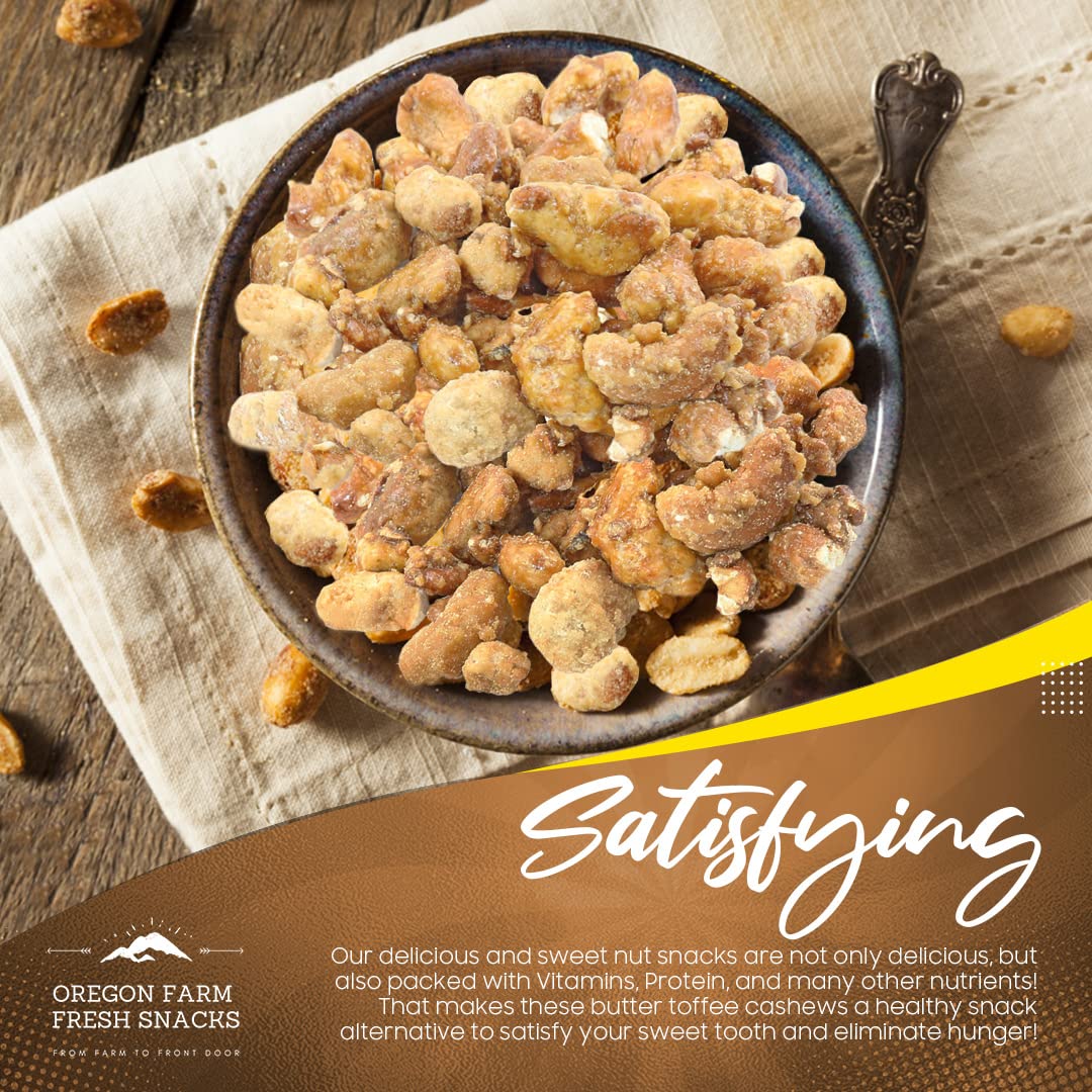 Oregon Farm Fresh Butter Toffee Cashews – 22oz Crunchy Sweet Coated Cashew Nuts – Healthy Nut Snacks for School, Office, Travel – Perfect for Gifts, Parties & Movie Nights