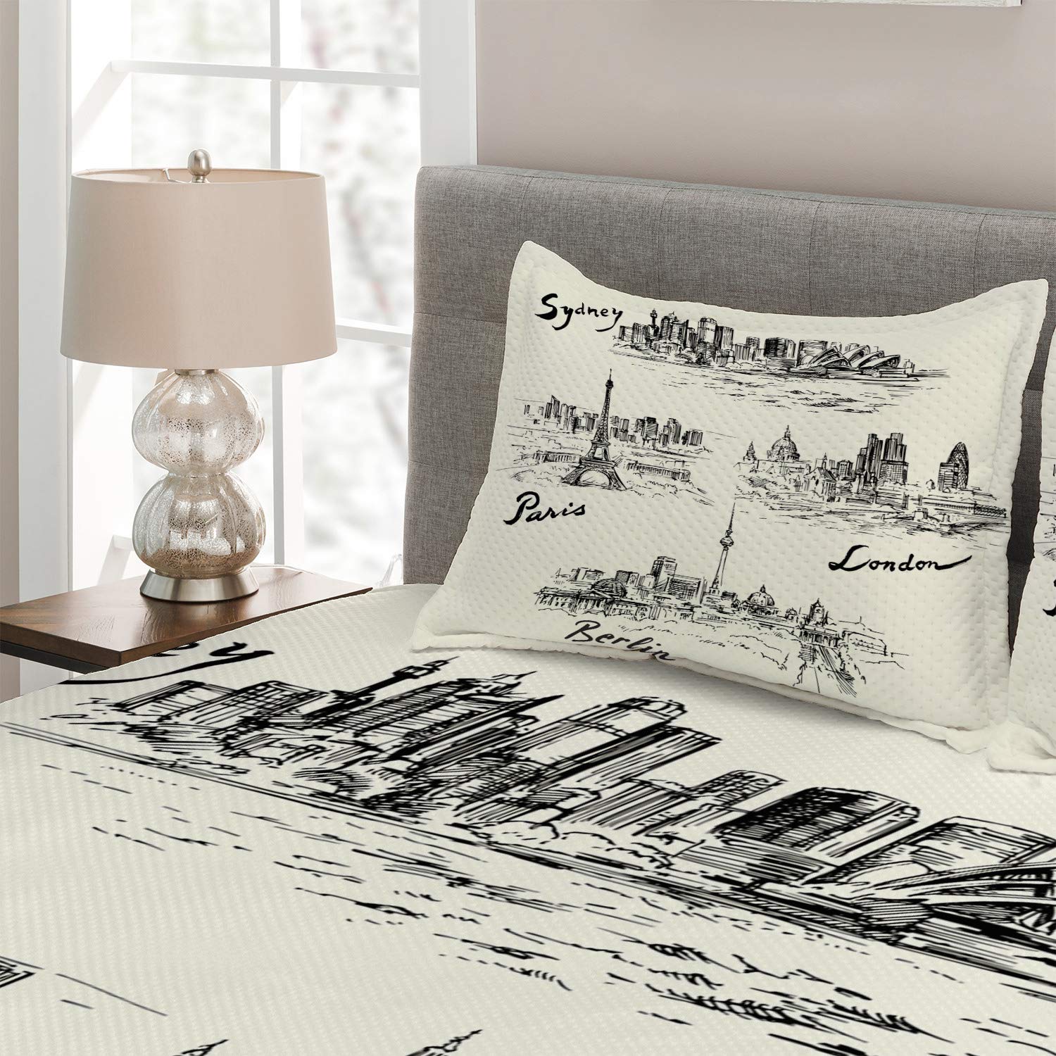 Ambesonne 3-Piece Queen Size Travel Coverlet Set - World City Silhouettes Print (Paris, Sydney, Berlin, London) in Cream & Black | Decorative Quilted Bedspread with 2 Pillow Shams | Perfect for Guest Rooms, Vacation Homes & Cozy Bedroom Decor