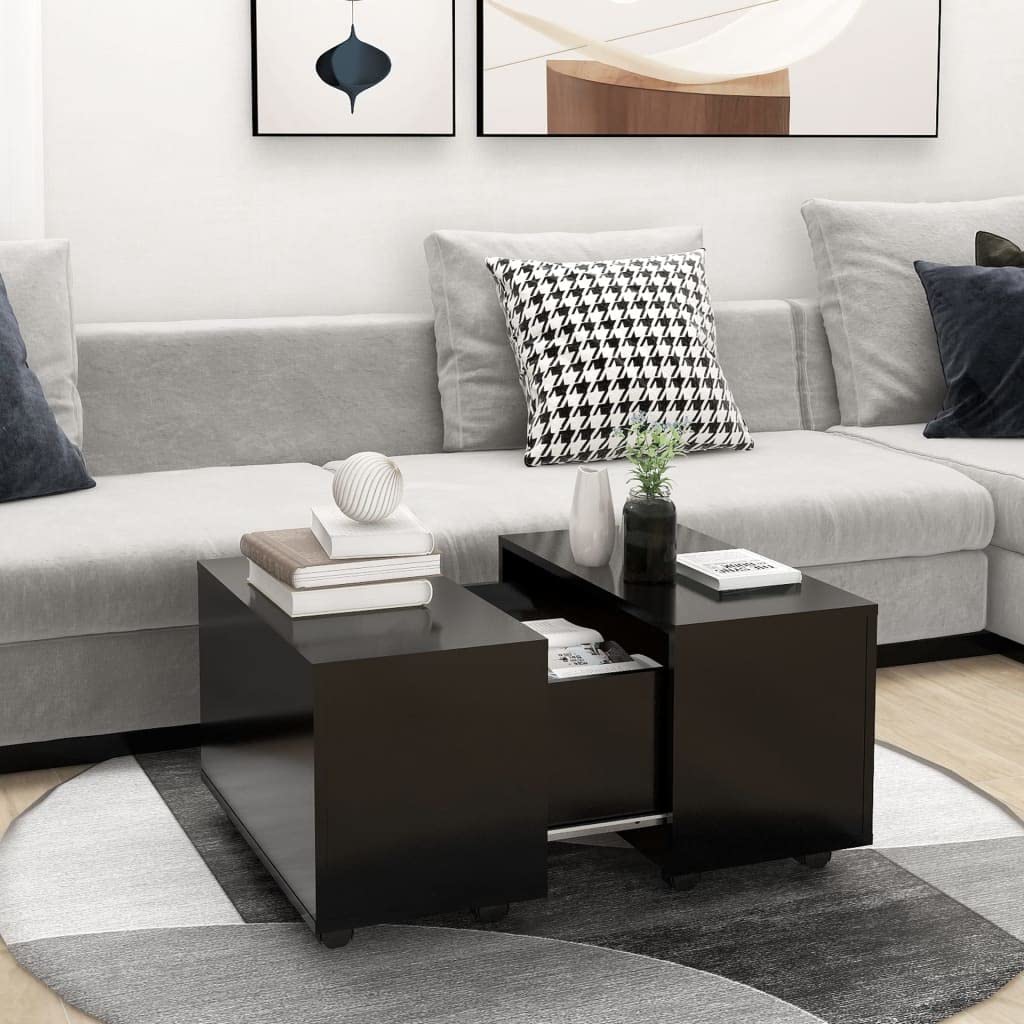 Modern Black Square Coffee Table with Extendable Top & Internal Storage - 23.6