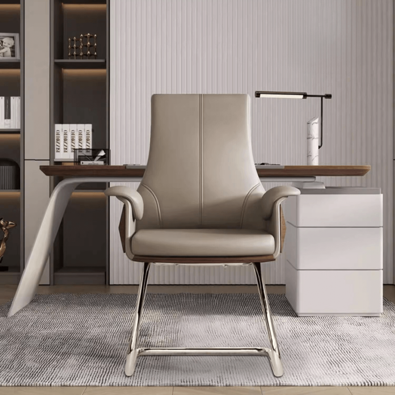 Minimalist Gray Leather Arc Office Chair with Flared Arms & Silver Metal Legs - Ergonomic Desk Chair for Home Office, Study, or Workspace