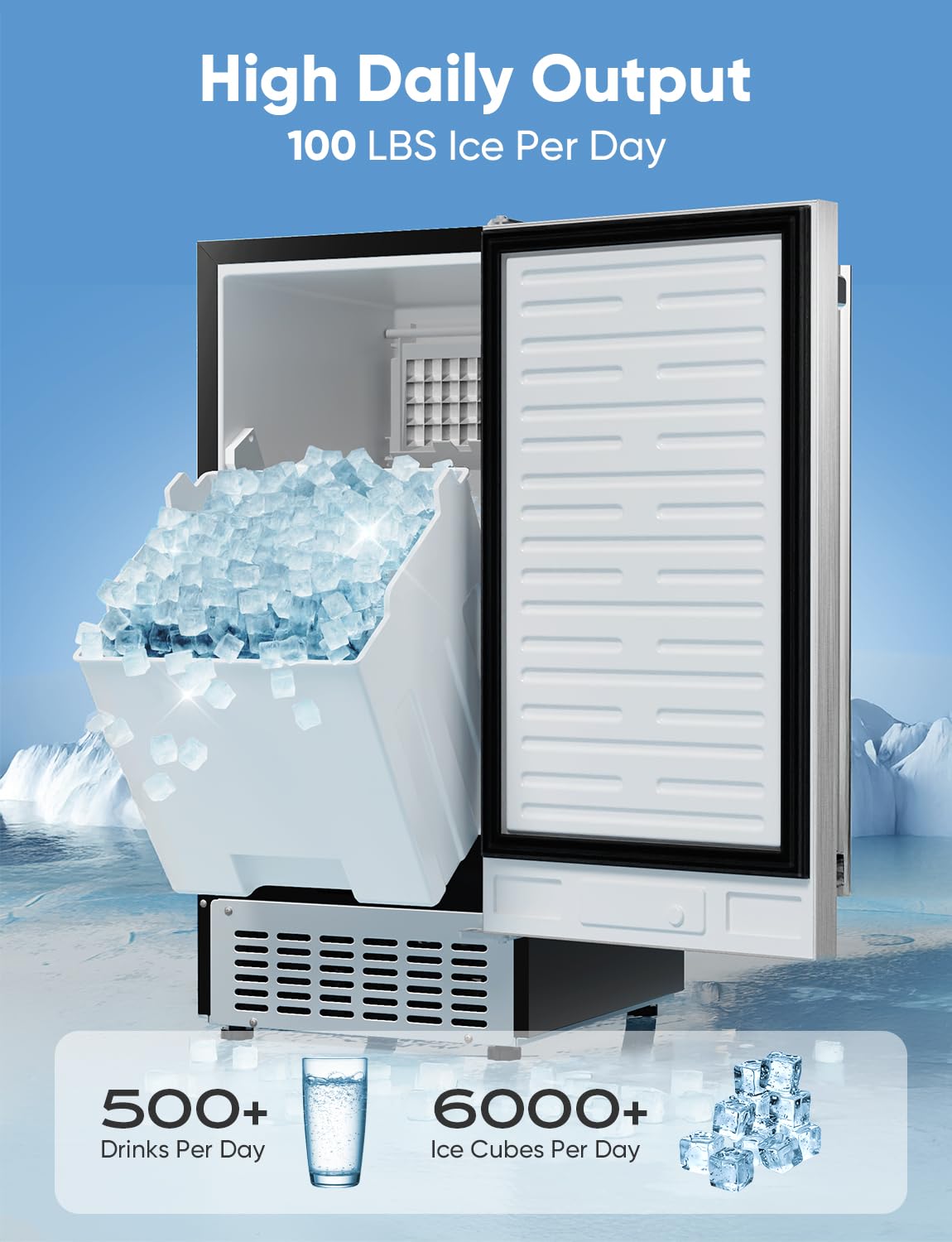 100Lbs/Day Under Counter Ice Maker Machine - Stainless Steel Built-in or Freestanding with 30LBS Storage | Commercial & Home Use | Fits 15