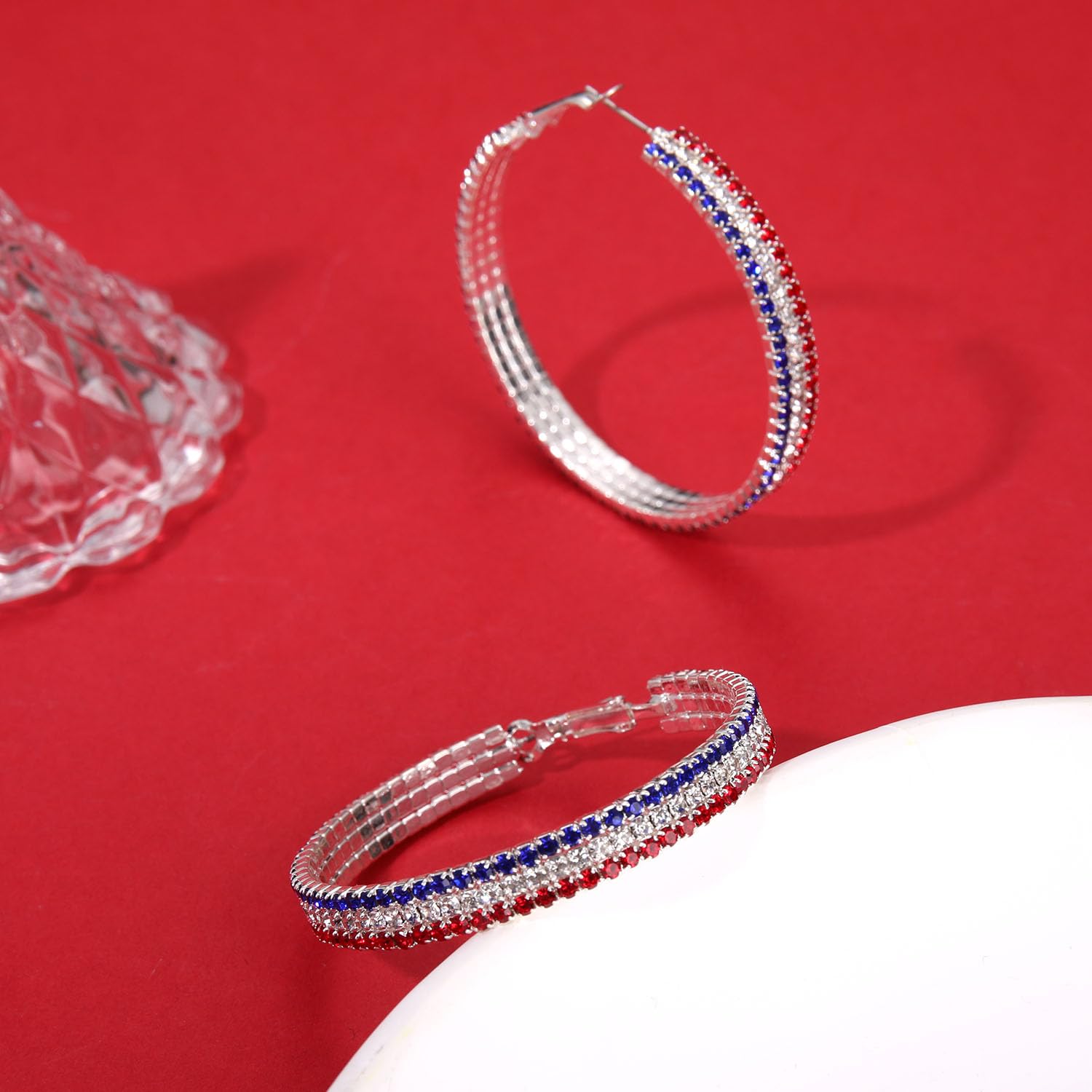 Sparkling Patriotic 4th of July Earrings - Red White & Blue Rhinestone Hoop Earrings with Glitter Crystals | Stainless Steel American Flag Jewelry for Women | Perfect for Independence Day Celebrations, Parties & Festive Outfits