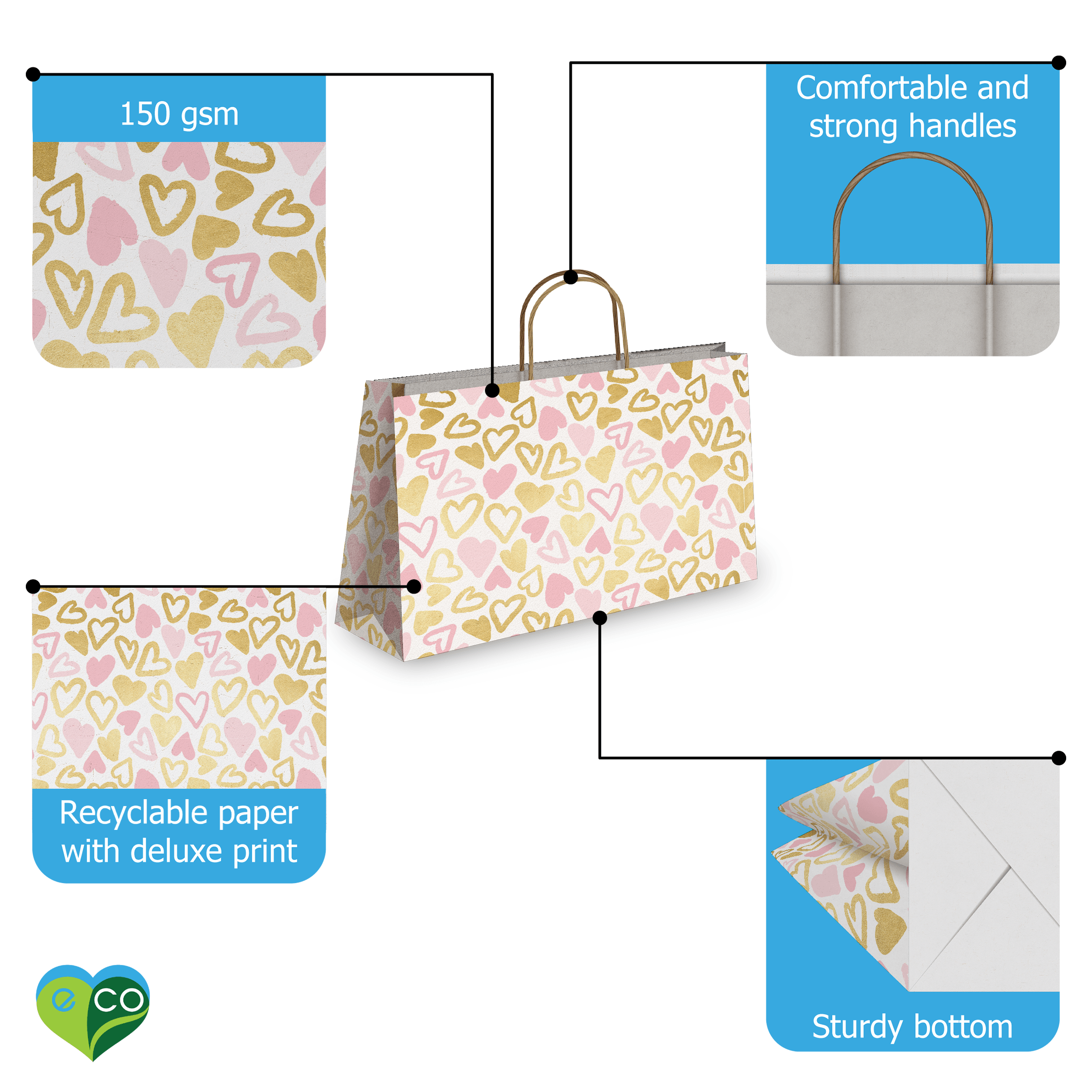 Stylish Pink & Gold Heart Print Large Gift Bags - 11.5x16x6 Inch Vogue Kraft Shopping Bags with Handles - Perfect for Birthday Parties, Baby Showers & Wedding Favors