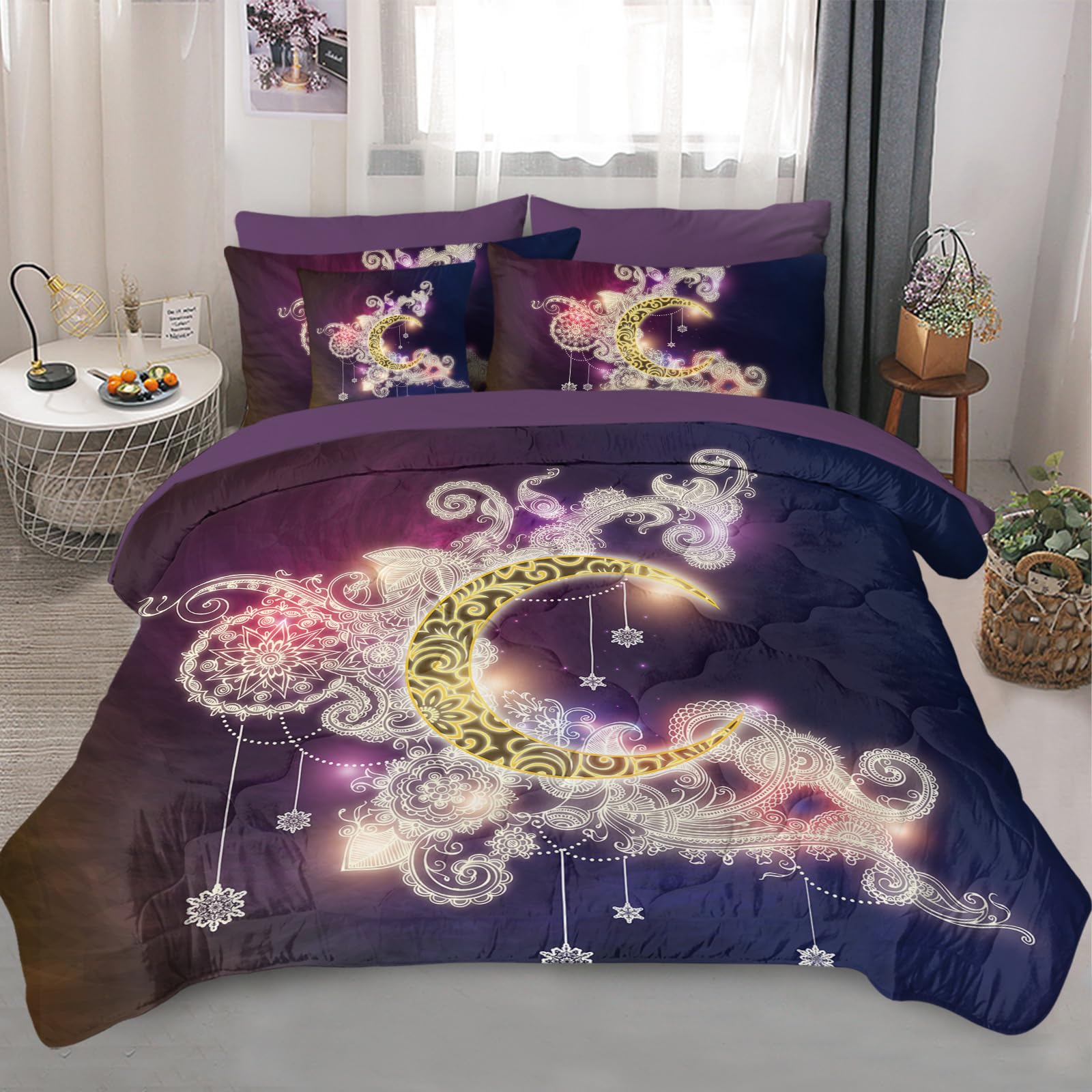 Celestial Moon Comforter Set - Purple Mandala Floral Boho Bedding Queen Size 8-Piece (1 Comforter, 2 Pillow Shams, 1 Flat Sheet, 1 Fitted Sheet, 1 Cushion Cover, 2 Pillowcases) for Bohemian Bedroom Decor & Guest Room Styling