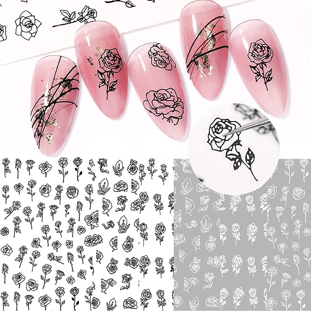 3D Self-Adhesive Black & White Rose Nail Stickers - 6 Sheets French Hollow Flower Nail Art Decals for DIY Manicure & Nail Decoration | Perfect for Parties, Weddings, and Special Occasions