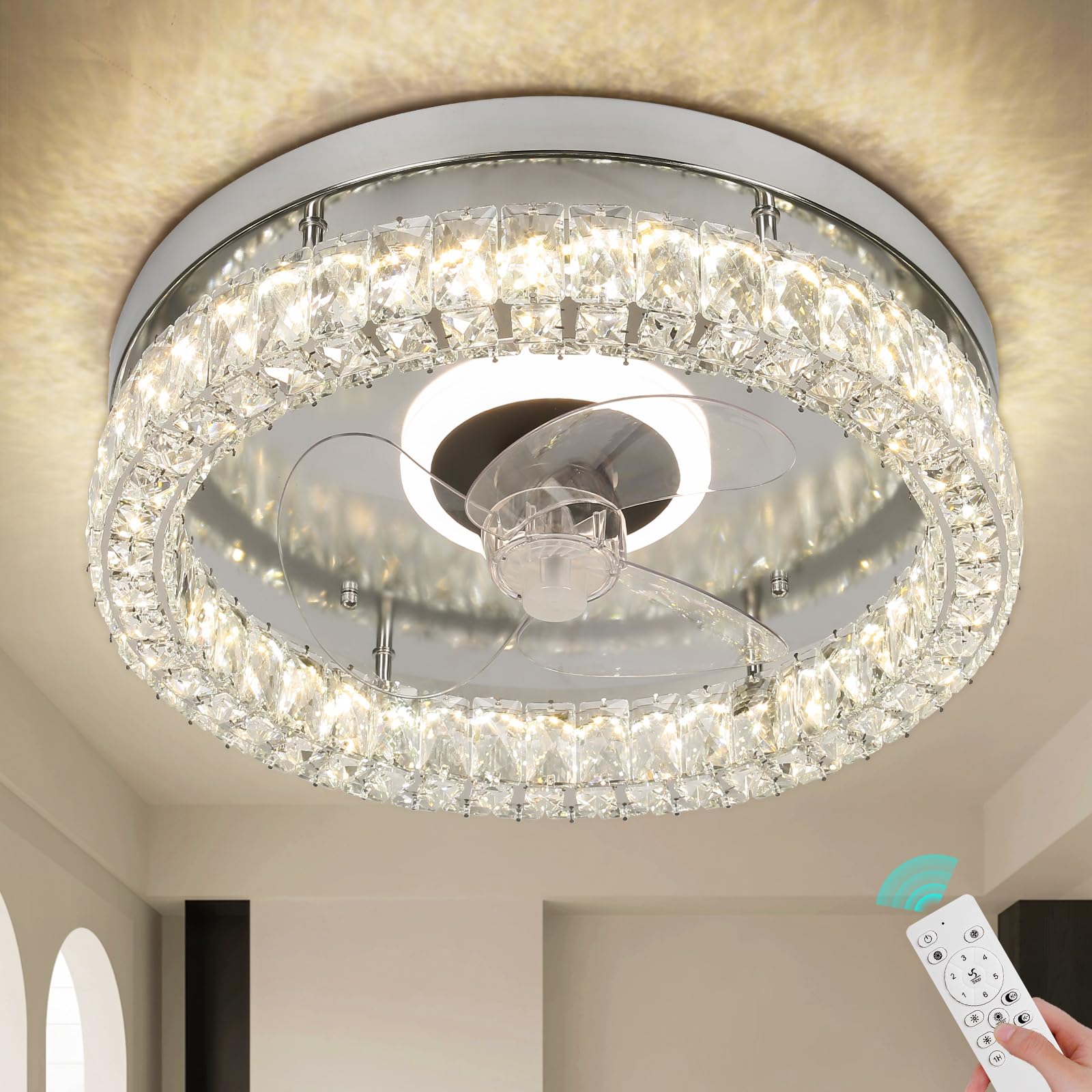 CLAIRDAI Modern Crystal Flush Mount Ceiling Fan with Lights - Remote Control, Dimmable LED Fandelier, Low Profile Design (Chrome) - Perfect for Bedroom, Living Room & Dining Room Lighting
