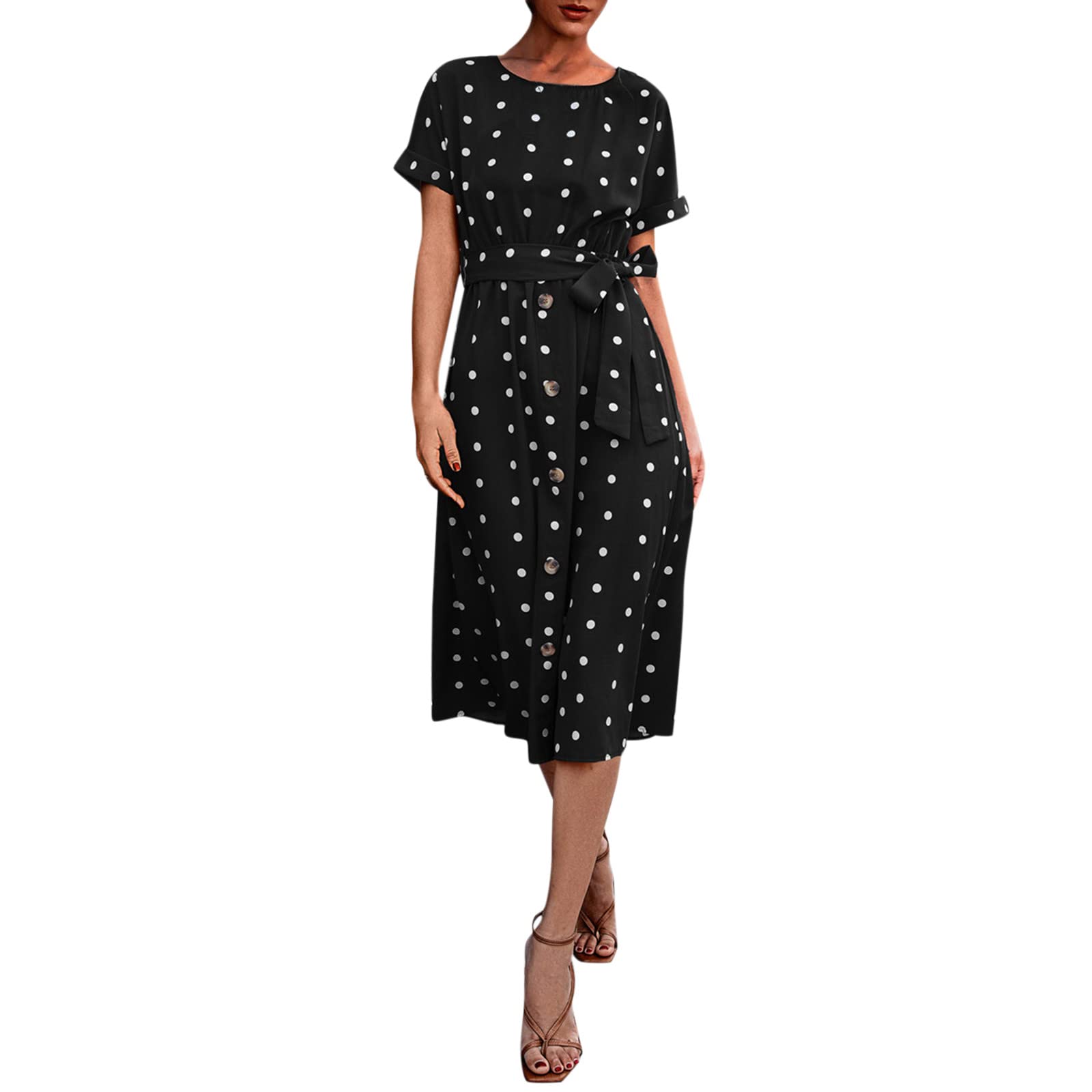 Women's Summer Beach Dress - Polka Dot Print Short Sleeve Midi Dress with Belt | Casual Flowy Dress for Vacation, Poolside & Outdoor Activities
