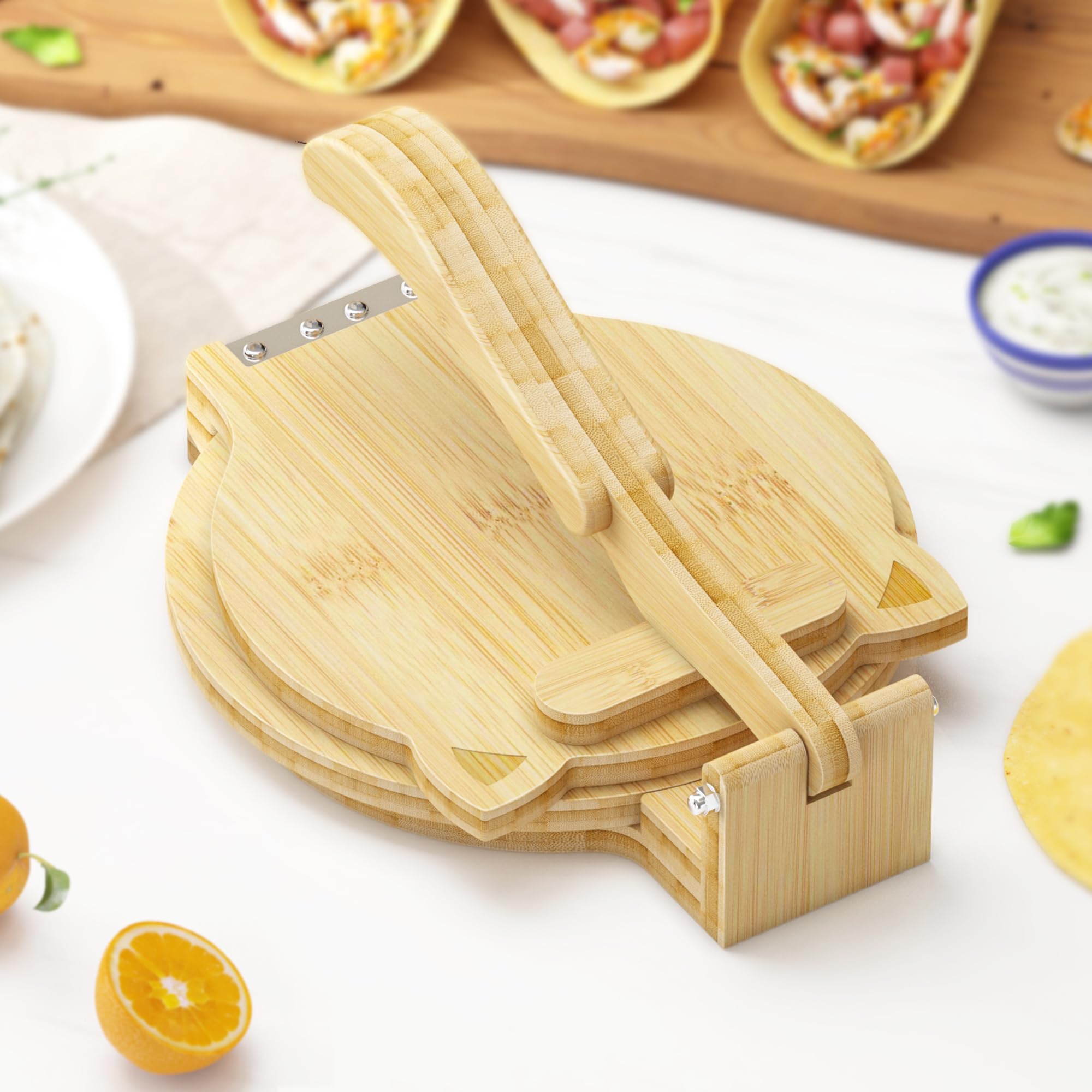 10 Inch Bamboo Tortilla Press - Handmade Quesadilla & Roti Maker with Parchment Paper & Dough Cutter for Homemade Corn/Flour Tortillas - Perfect for Mexican Cooking, Indian Roti, Home Baking & Meal Prep