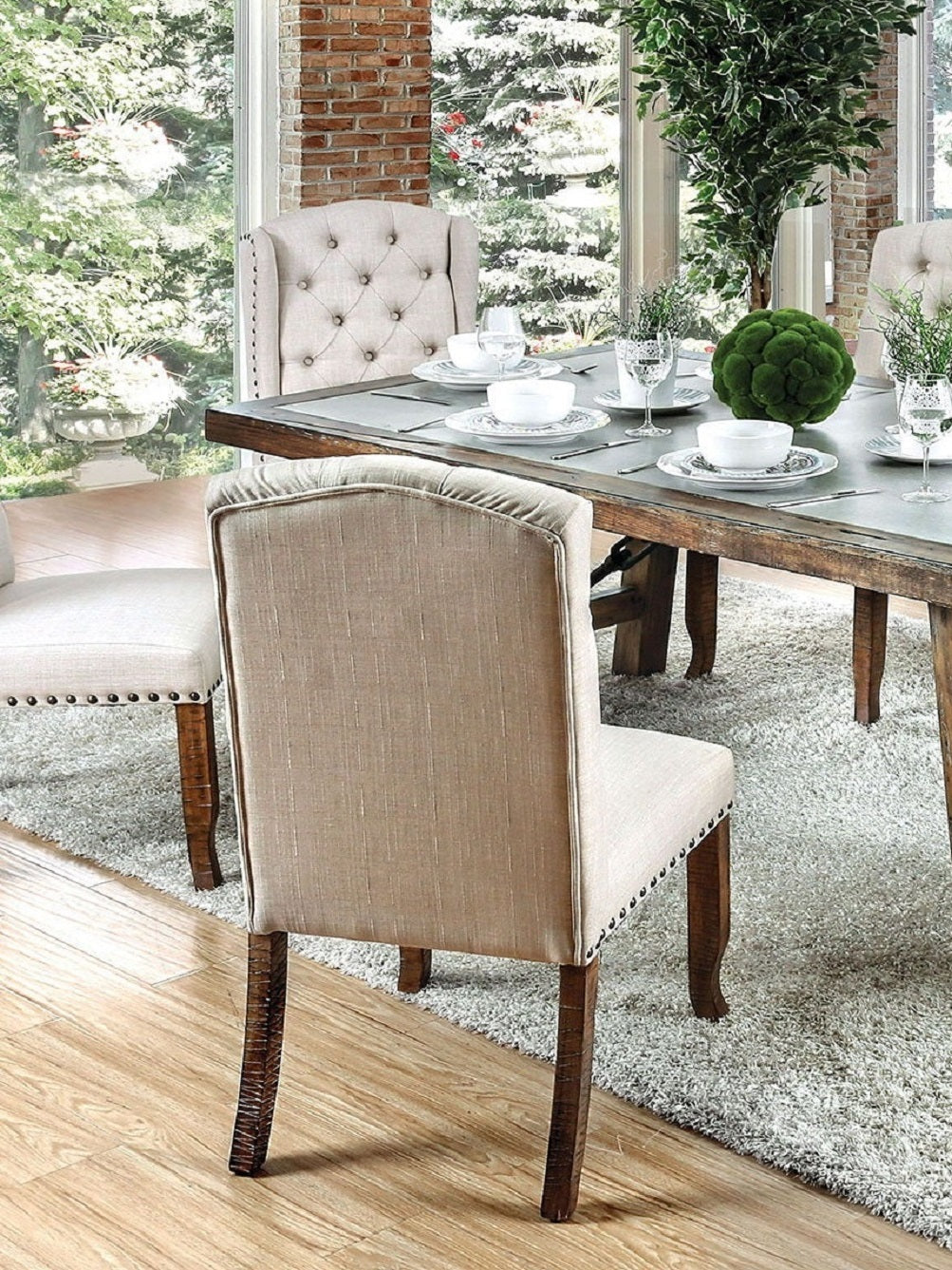 Contemporary Ivory Fabric 2-Piece Side Chairs Set - Bold Sturdy Design with Rustic Oak Solid Wood Frame, Tufted Back & Nailhead Accents - Perfect for Dining Room, Kitchen, or Home Office Furniture