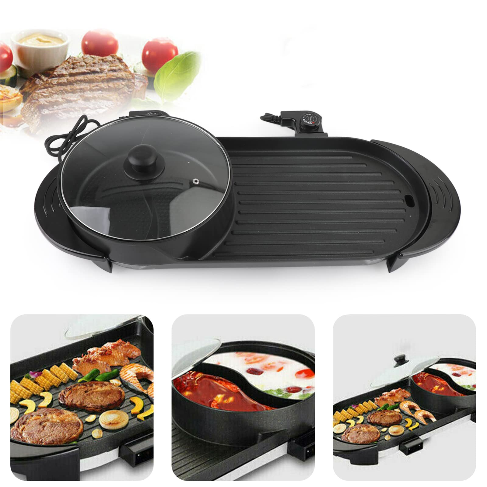 Frezon 2-in-1 Electric Hot Pot & BBQ Grill - Korean Style Indoor Hotpot with Dual Thermostat & 5 Speed Settings - Perfect for Family Dinners, Friends Gatherings & Asian Cuisine Cooking at Home