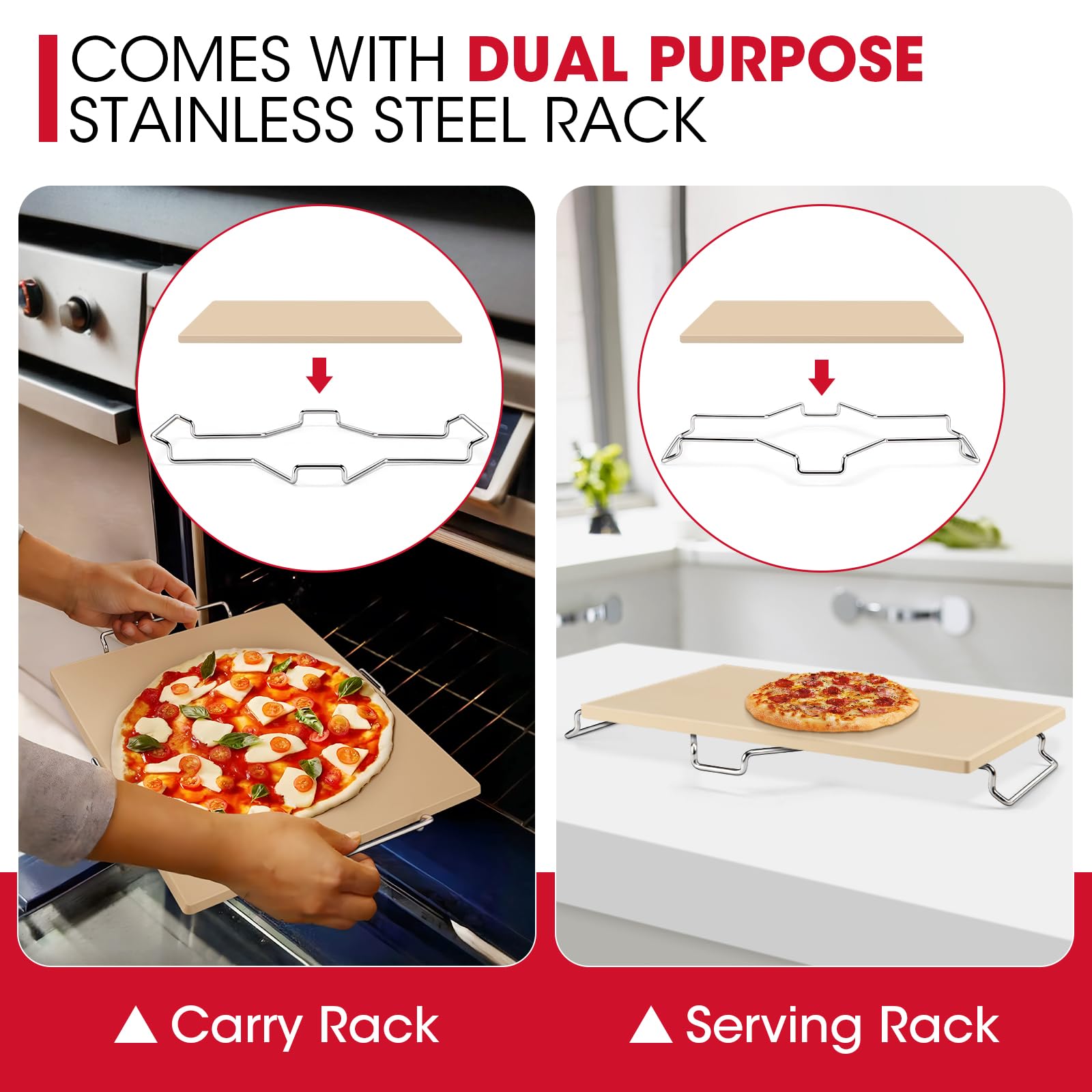 Unicook 15 x 12 Inch Cordierite Pizza Stone for Oven & Grill - Rectangular Baking Stone for Bread, Pizza, Pie & Cookies - Includes Carry Rack & Dough Scraper - Perfect for Home Baking, Outdoor Grilling & Restaurant Use