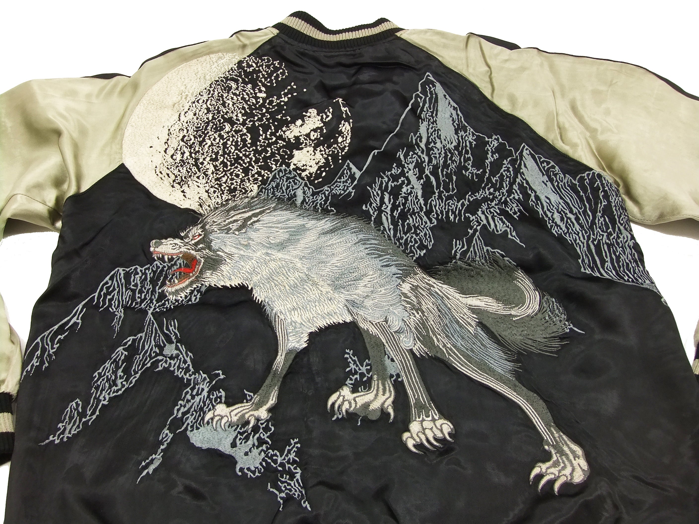 Japanese Souvenir Jacket Sukajan for Men - Wolf Embroidery Black & Gold Bomber Jacket GSJR 006 | Vintage Style Baseball Jacket for Streetwear, Casual Outfits & Fashion Statement